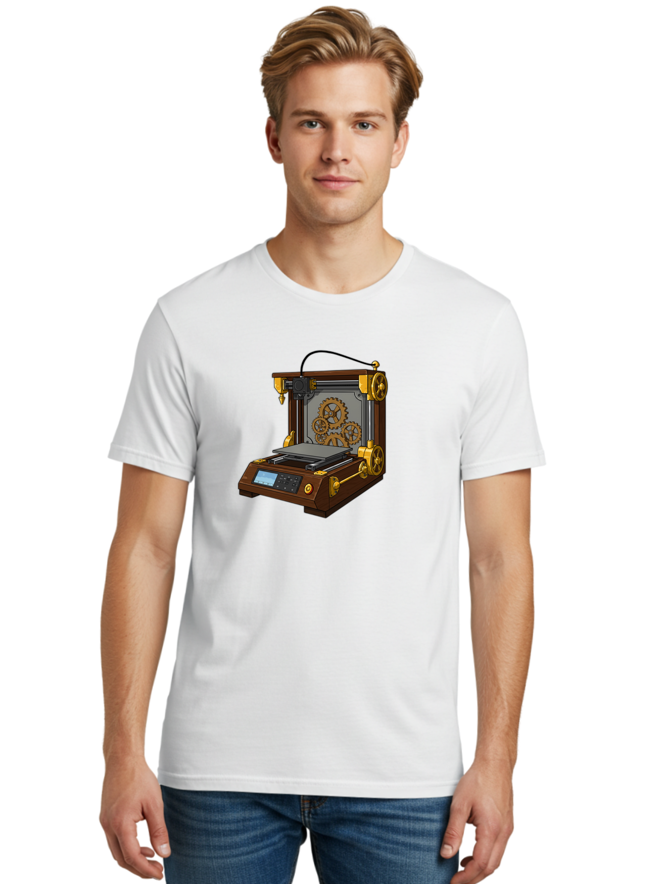 3D-Printer-9 Men'S Graphic Tee, 100% Cotton, Comfortable Casual Summer Wear, Machine Washable, Steampunk 3D Printer, Industrial Machinery, Mechanical Gears, Digital Display, Innovative Technology, Futuristic Design, Mechanical Engineering, Baa043