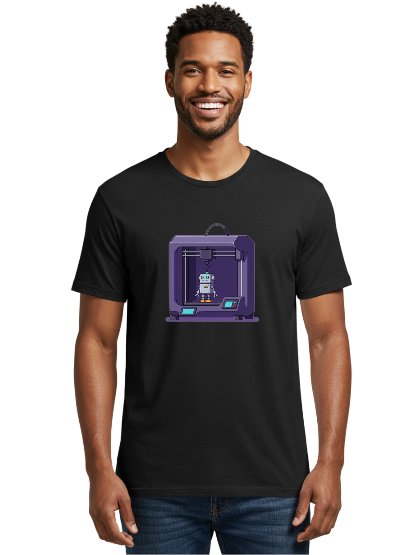 3D-Printer-Robot-1 Men'S Graphic Tee, 100% Cotton, Comfortable Casual Summer Wear, Machine Washable, 3D Printing Technology, Robot Being Printed, Advanced Manufacturing, Futuristic Design, Robotic Parts, Digital Fabrication, Baa047