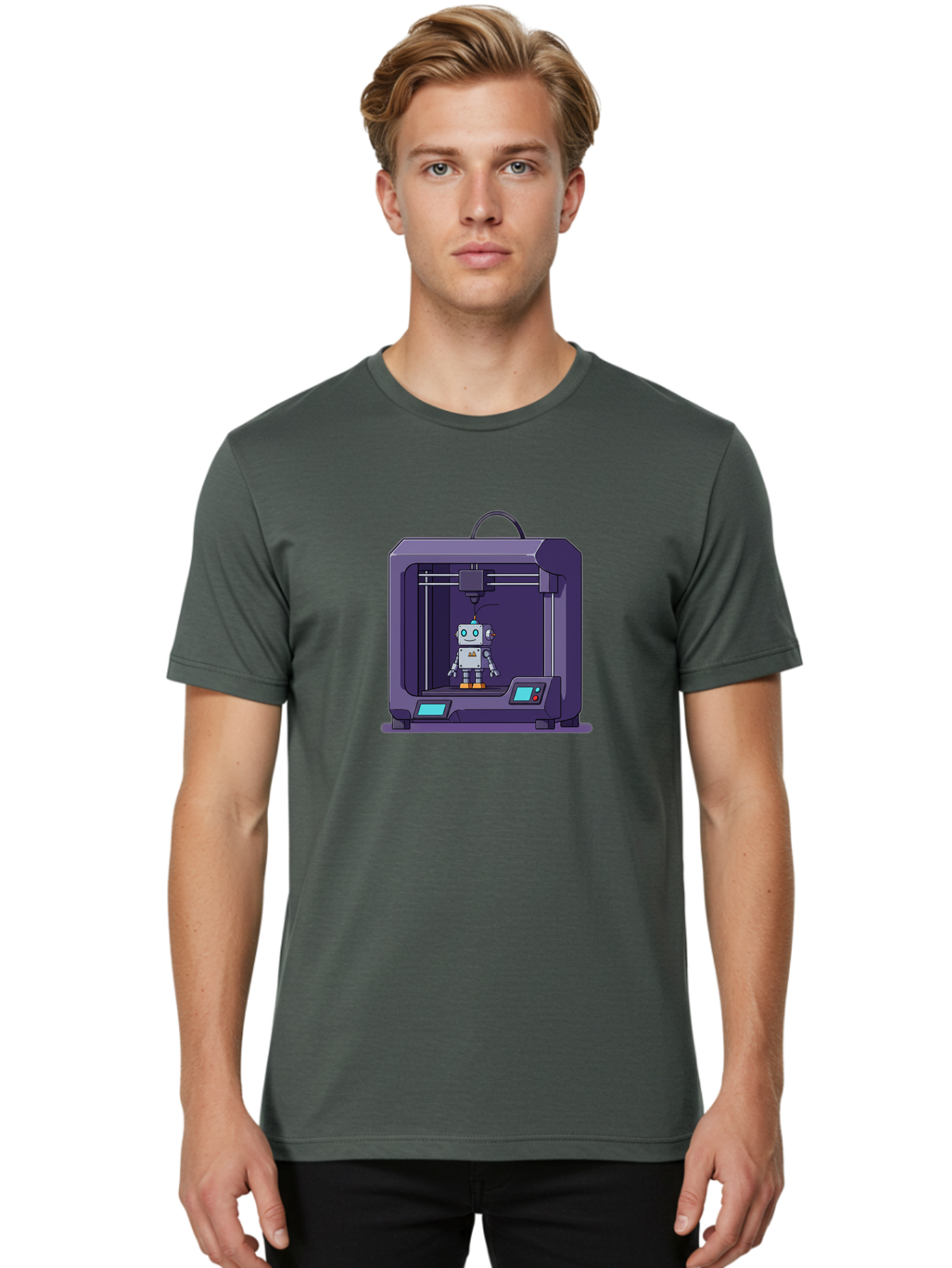 3D-Printer-Robot-1 Men'S Graphic Tee, 100% Cotton, Comfortable Casual Summer Wear, Machine Washable, 3D Printing Technology, Robot Being Printed, Advanced Manufacturing, Futuristic Design, Robotic Parts, Digital Fabrication, Baa047