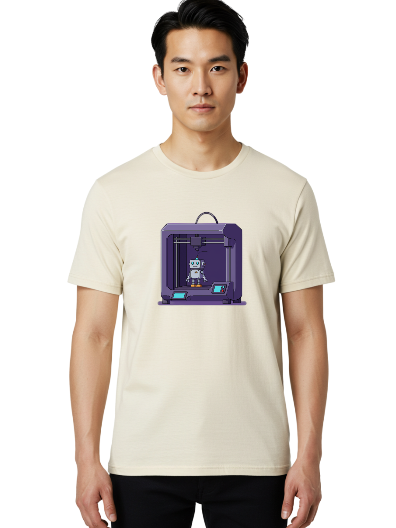 3D-Printer-Robot-1 Men'S Graphic Tee, 100% Cotton, Comfortable Casual Summer Wear, Machine Washable, 3D Printing Technology, Robot Being Printed, Advanced Manufacturing, Futuristic Design, Robotic Parts, Digital Fabrication, Baa047