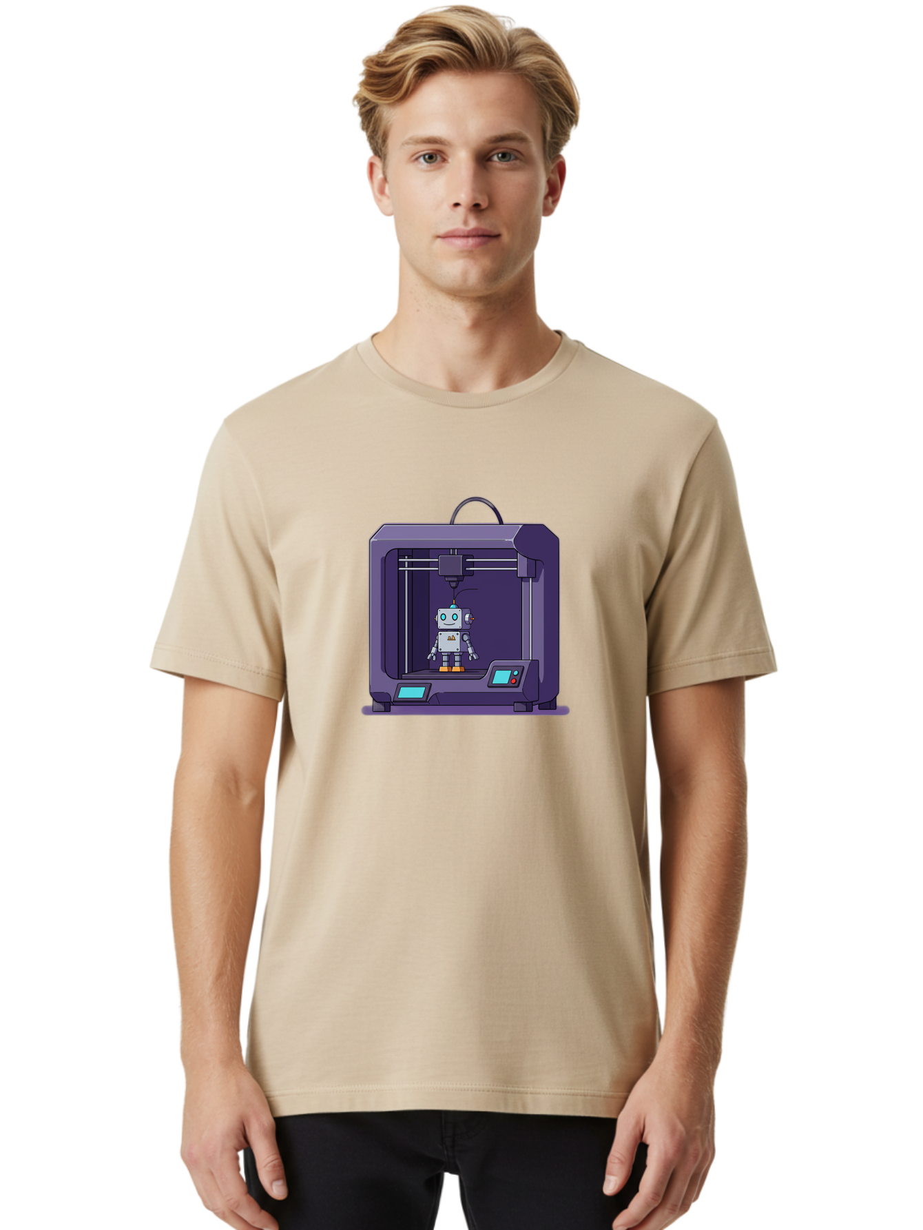 3D-Printer-Robot-1 Men'S Graphic Tee, 100% Cotton, Comfortable Casual Summer Wear, Machine Washable, 3D Printing Technology, Robot Being Printed, Advanced Manufacturing, Futuristic Design, Robotic Parts, Digital Fabrication, Baa047