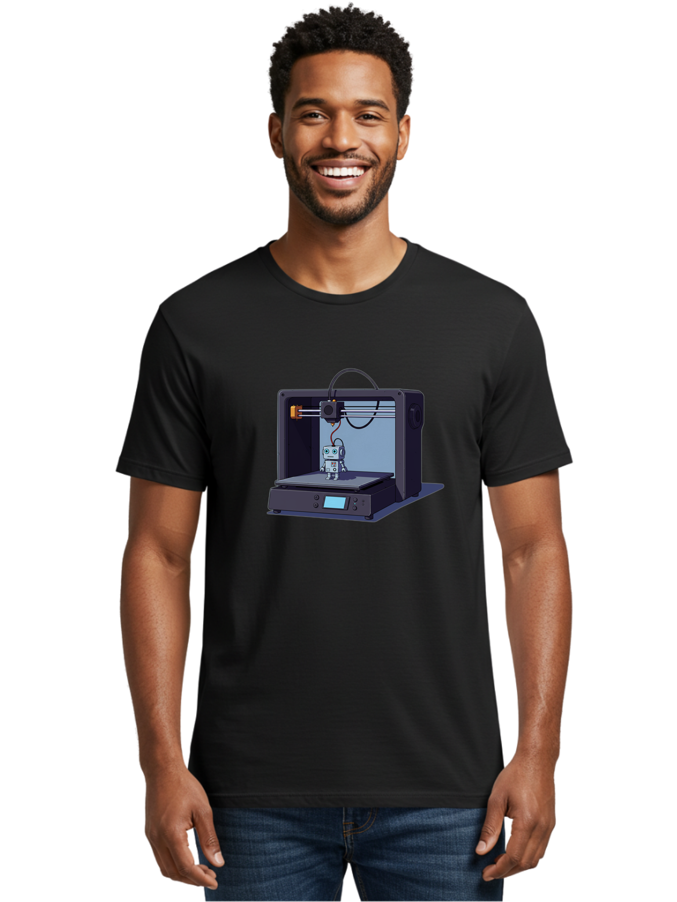 3D-Printer-Robot Men'S Graphic Tee, 100% Cotton, Comfortable Casual Summer Wear, Machine Washable, 3D Printing Technology, Robot Figurine, Digital Fabrication, Additive Manufacturing, Futuristic Design, Robotic Innovation, Modern Machinery Baa048
