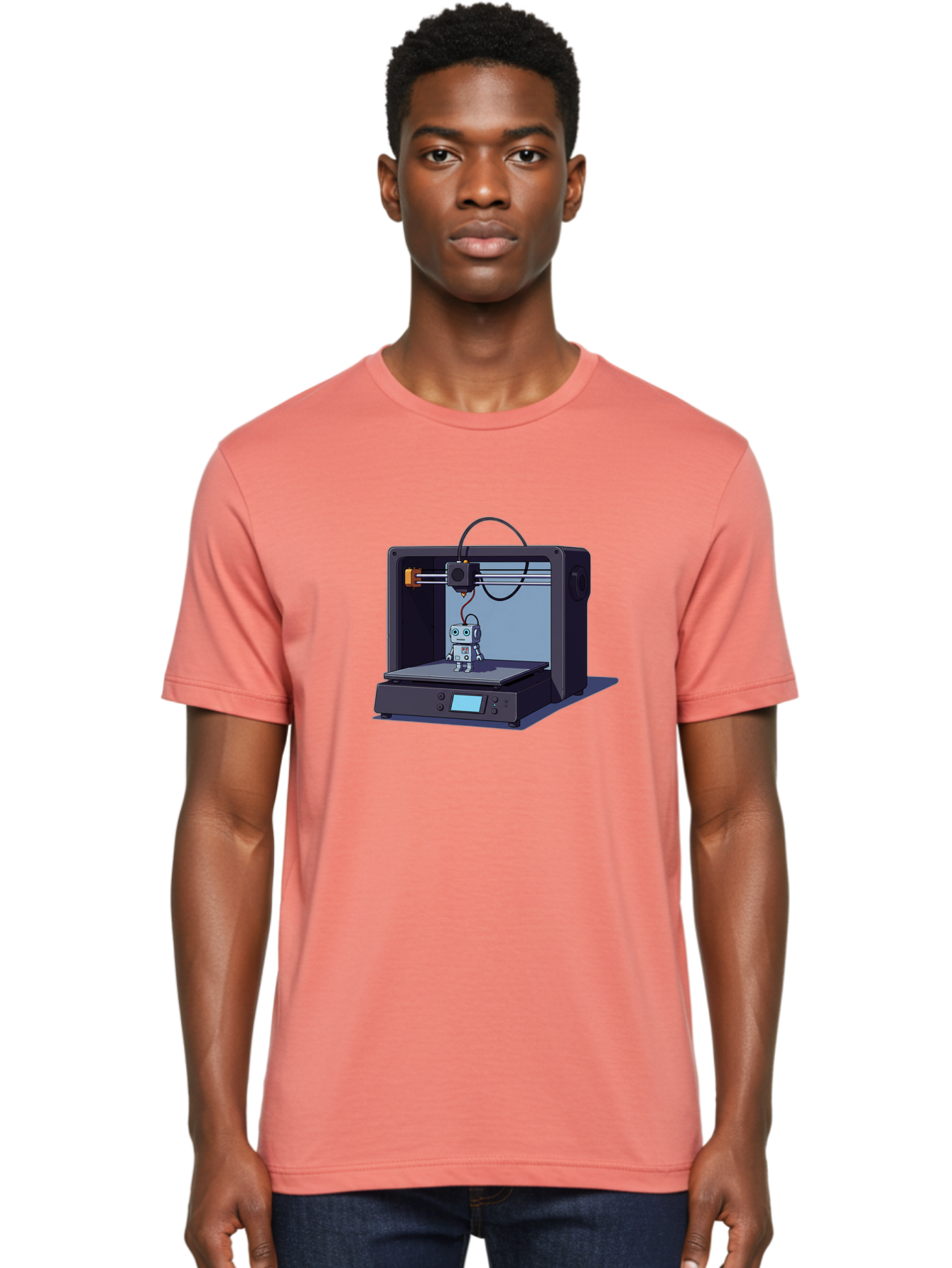 3D-Printer-Robot Men'S Graphic Tee, 100% Cotton, Comfortable Casual Summer Wear, Machine Washable, 3D Printing Technology, Robot Figurine, Digital Fabrication, Additive Manufacturing, Futuristic Design, Robotic Innovation, Modern Machinery Baa048