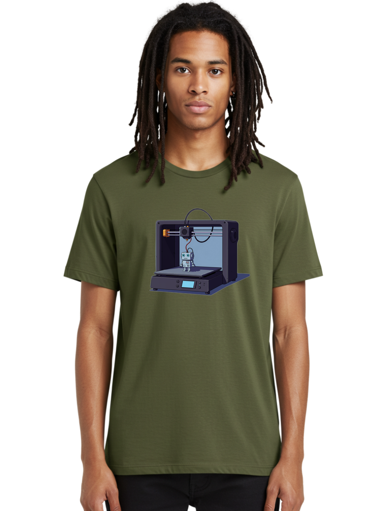 3D-Printer-Robot Men'S Graphic Tee, 100% Cotton, Comfortable Casual Summer Wear, Machine Washable, 3D Printing Technology, Robot Figurine, Digital Fabrication, Additive Manufacturing, Futuristic Design, Robotic Innovation, Modern Machinery Baa048