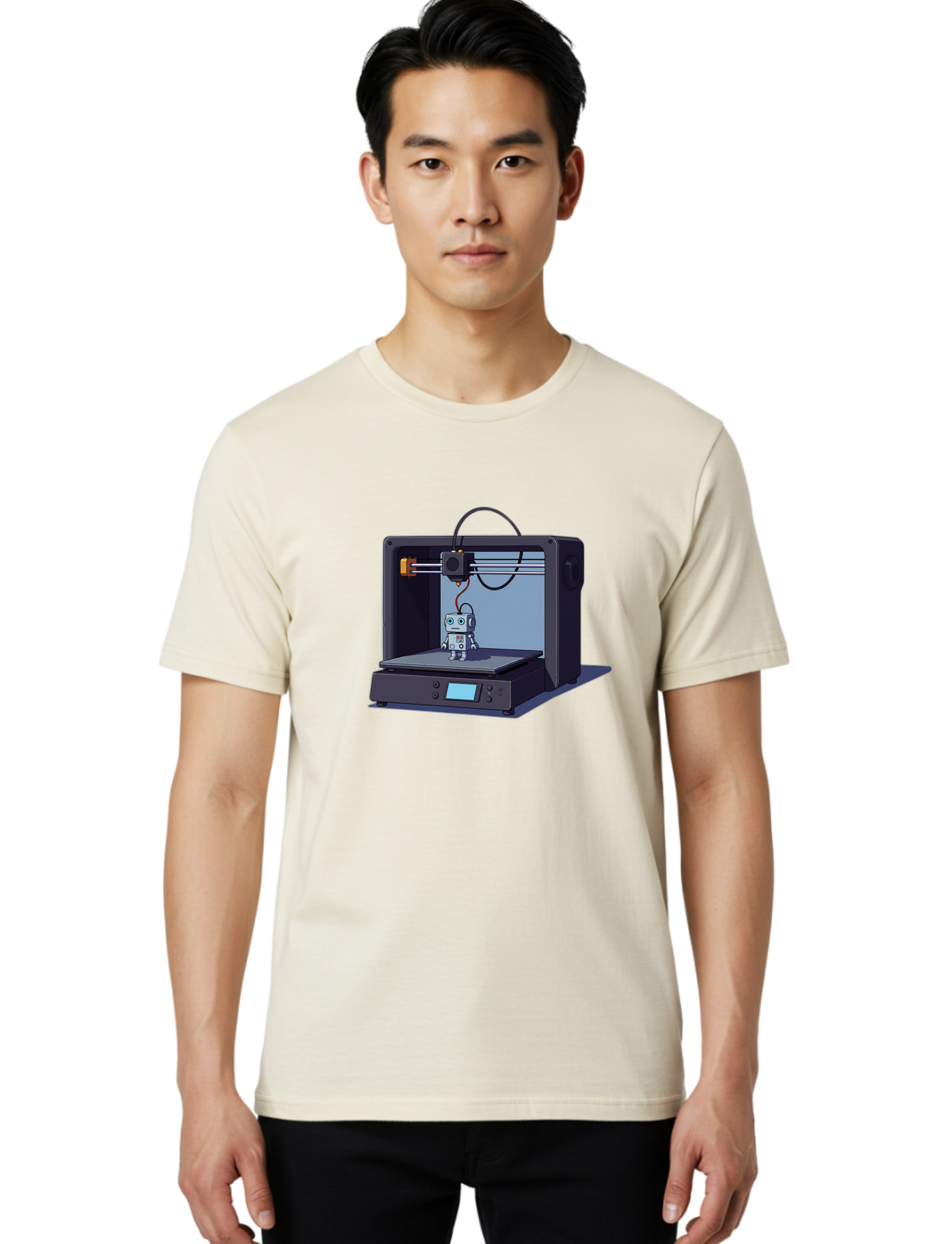 3D-Printer-Robot Men'S Graphic Tee, 100% Cotton, Comfortable Casual Summer Wear, Machine Washable, 3D Printing Technology, Robot Figurine, Digital Fabrication, Additive Manufacturing, Futuristic Design, Robotic Innovation, Modern Machinery Baa048