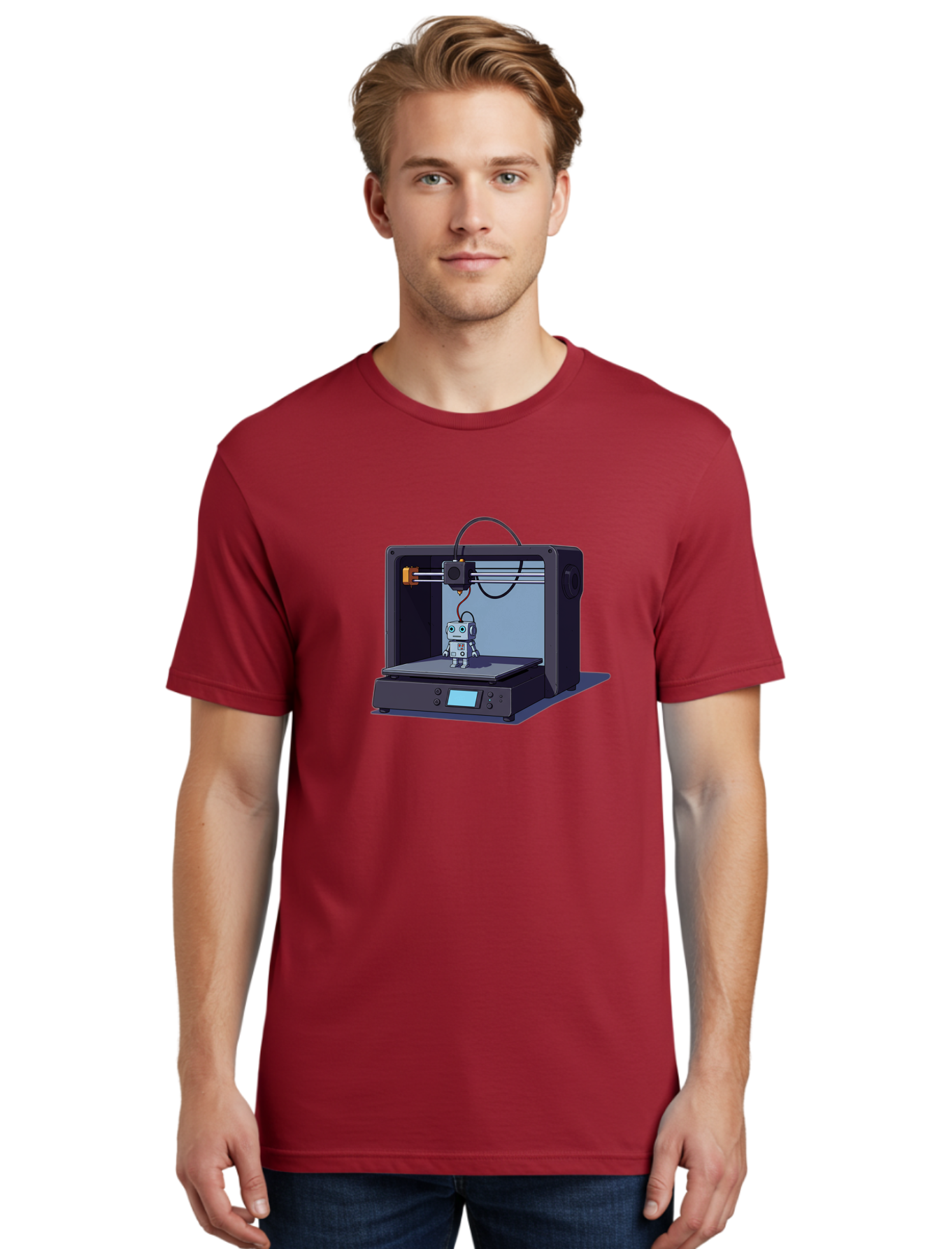 3D-Printer-Robot Men'S Graphic Tee, 100% Cotton, Comfortable Casual Summer Wear, Machine Washable, 3D Printing Technology, Robot Figurine, Digital Fabrication, Additive Manufacturing, Futuristic Design, Robotic Innovation, Modern Machinery Baa048