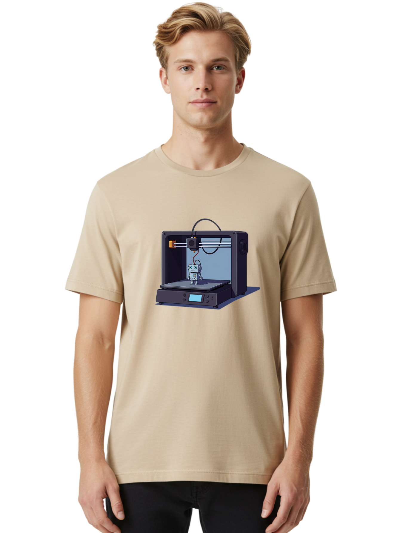 3D-Printer-Robot Men'S Graphic Tee, 100% Cotton, Comfortable Casual Summer Wear, Machine Washable, 3D Printing Technology, Robot Figurine, Digital Fabrication, Additive Manufacturing, Futuristic Design, Robotic Innovation, Modern Machinery Baa048
