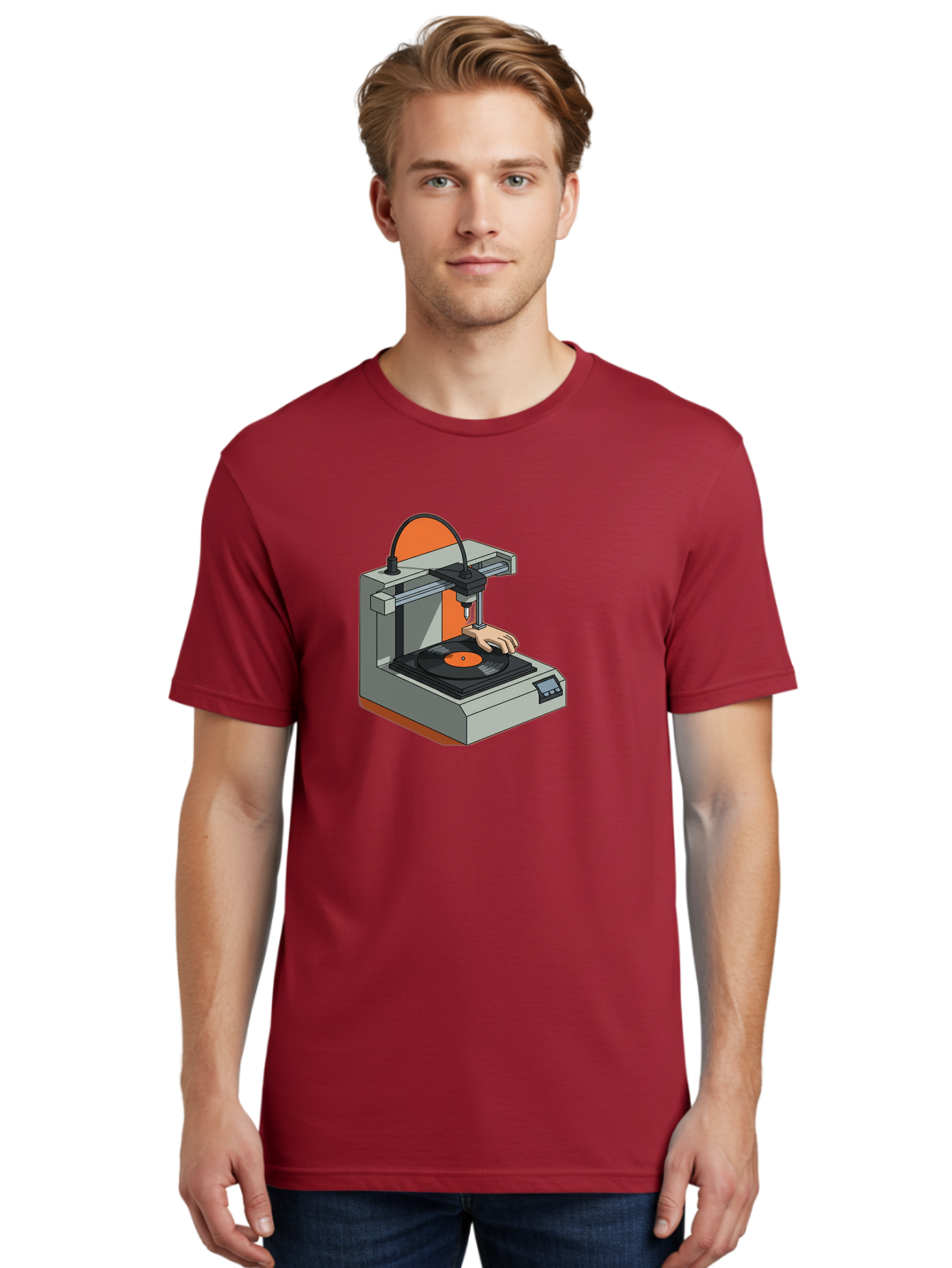 3D-Printer-Vinyl-Record Men'S Graphic Tee, 100% Cotton, Comfortable Casual Summer Wear, Machine Washable, 3D Printing Technology, Vinyl Record Production, Innovative Manufacturing, Creative Design, Futuristic Machinery, Digital Fabrication, Baa049