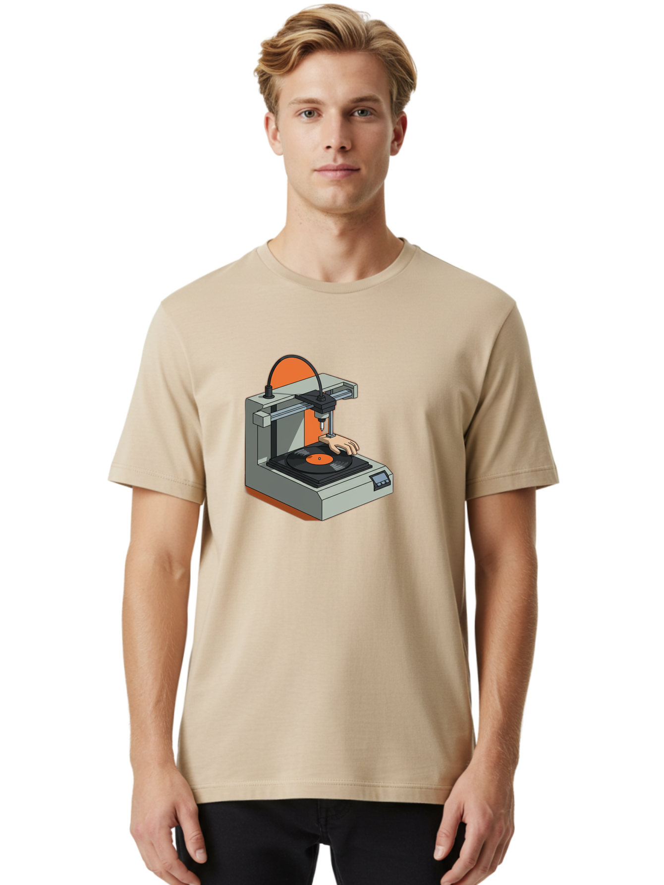 3D-Printer-Vinyl-Record Men'S Graphic Tee, 100% Cotton, Comfortable Casual Summer Wear, Machine Washable, 3D Printing Technology, Vinyl Record Production, Innovative Manufacturing, Creative Design, Futuristic Machinery, Digital Fabrication, Baa049