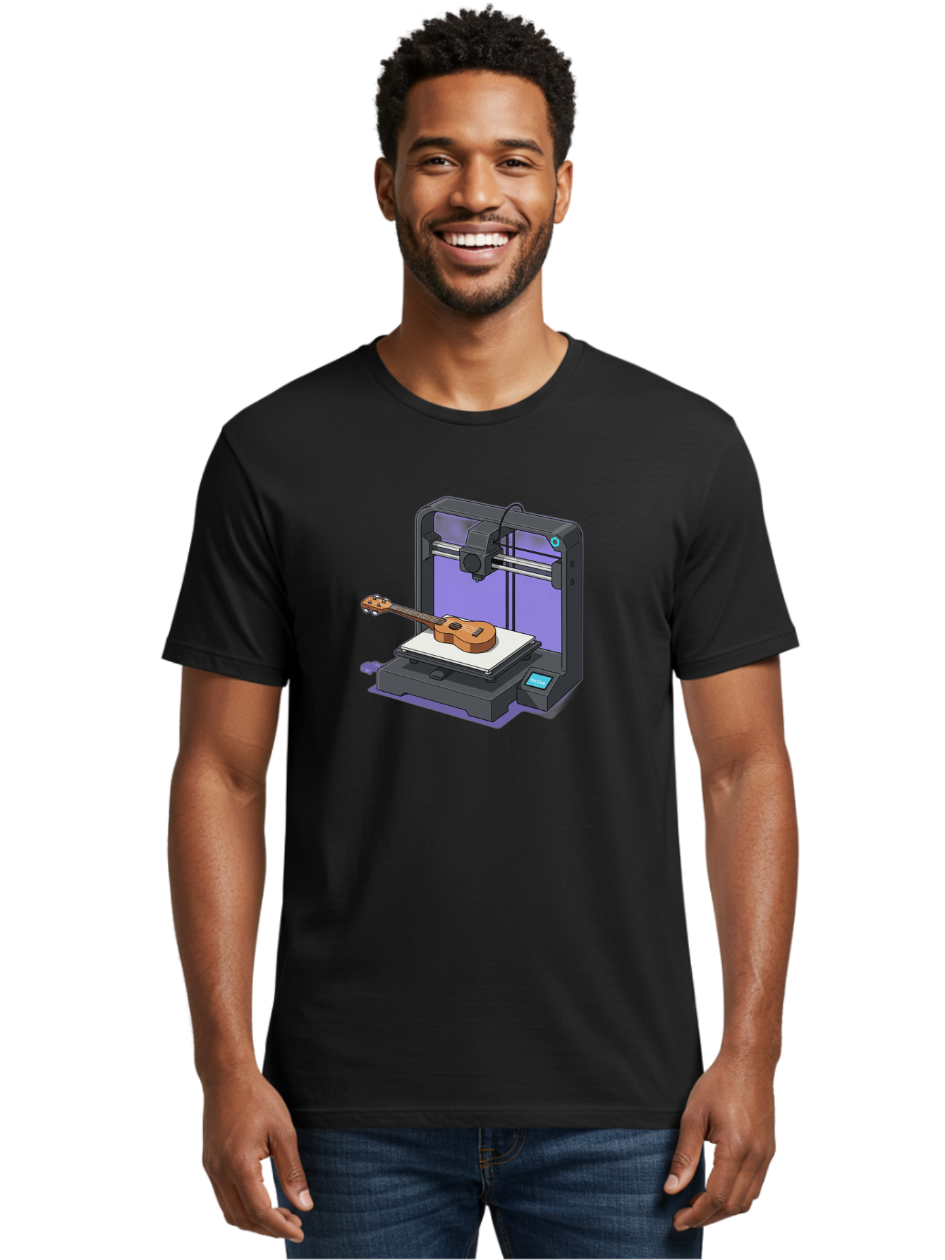 3D-Printer-With-Ukulele Men'S Graphic Tee, 100% Cotton, Comfortable Casual Summer Wear, Machine Washable, 3D Printing Technology, Ukulele Manufacturing, Customized Instruments, Innovative Design, Digital Fabrication, Musical Instruments, Baa051