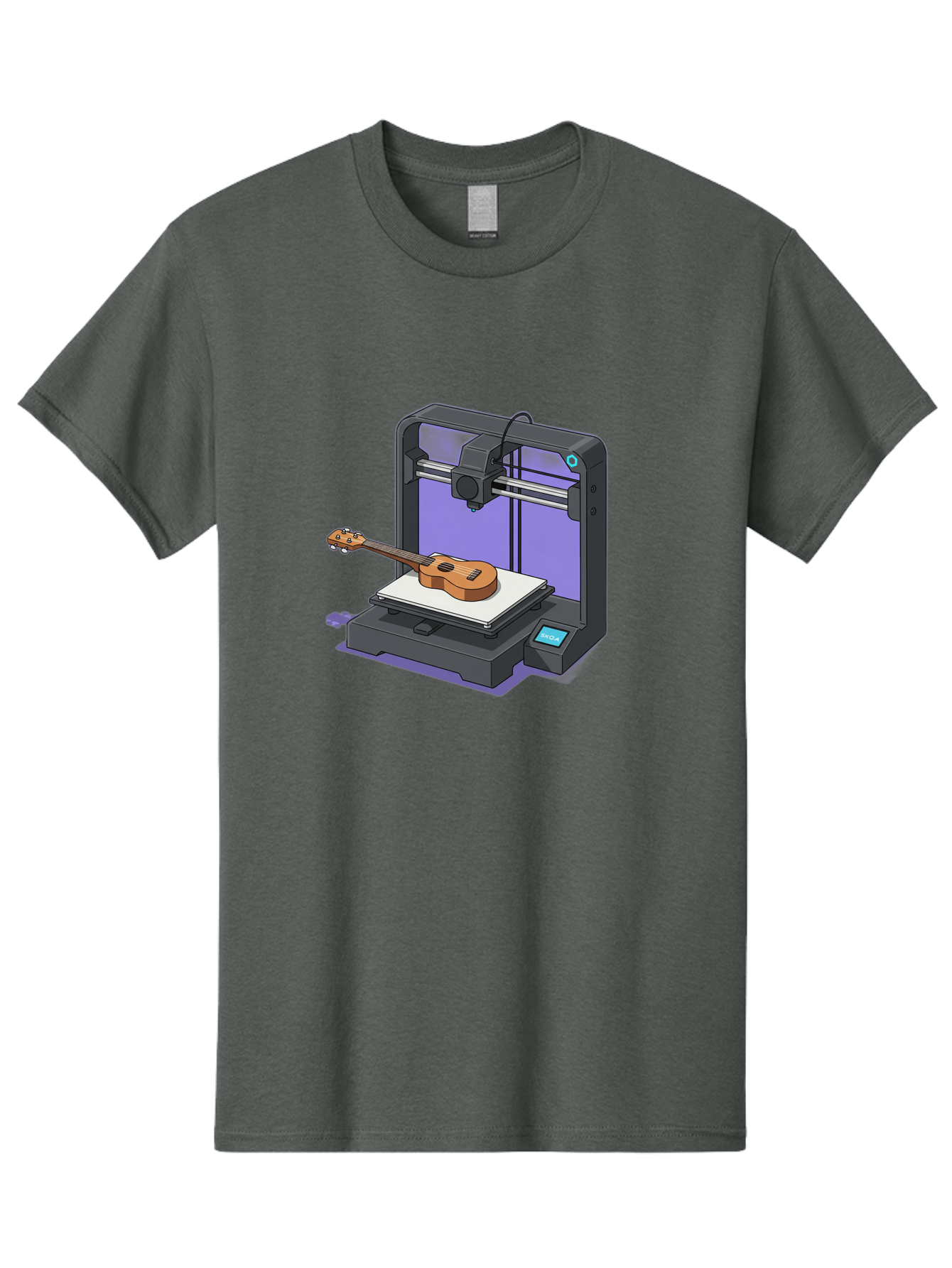 3D-Printer-With-Ukulele Men'S Graphic Tee, 100% Cotton, Comfortable Casual Summer Wear, Machine Washable, 3D Printing Technology, Ukulele Manufacturing, Customized Instruments, Innovative Design, Digital Fabrication, Musical Instruments, Baa051