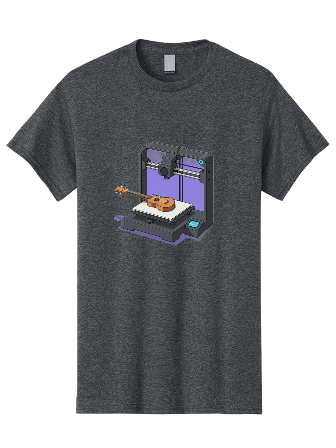 3D-Printer-With-Ukulele Men'S Graphic Tee, 100% Cotton, Comfortable Casual Summer Wear, Machine Washable, 3D Printing Technology, Ukulele Manufacturing, Customized Instruments, Innovative Design, Digital Fabrication, Musical Instruments, Baa051