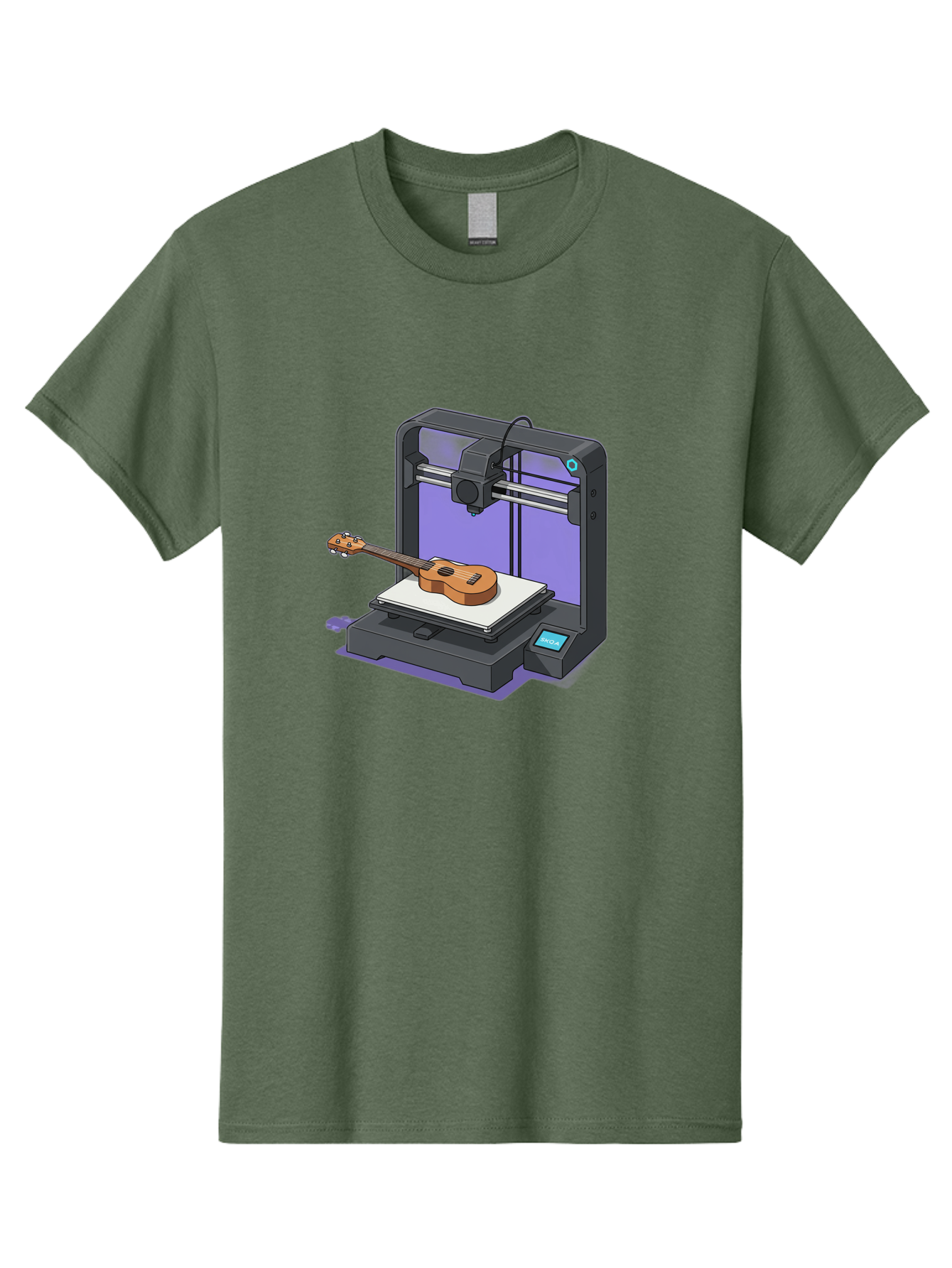 3D-Printer-With-Ukulele Men'S Graphic Tee, 100% Cotton, Comfortable Casual Summer Wear, Machine Washable, 3D Printing Technology, Ukulele Manufacturing, Customized Instruments, Innovative Design, Digital Fabrication, Musical Instruments, Baa051
