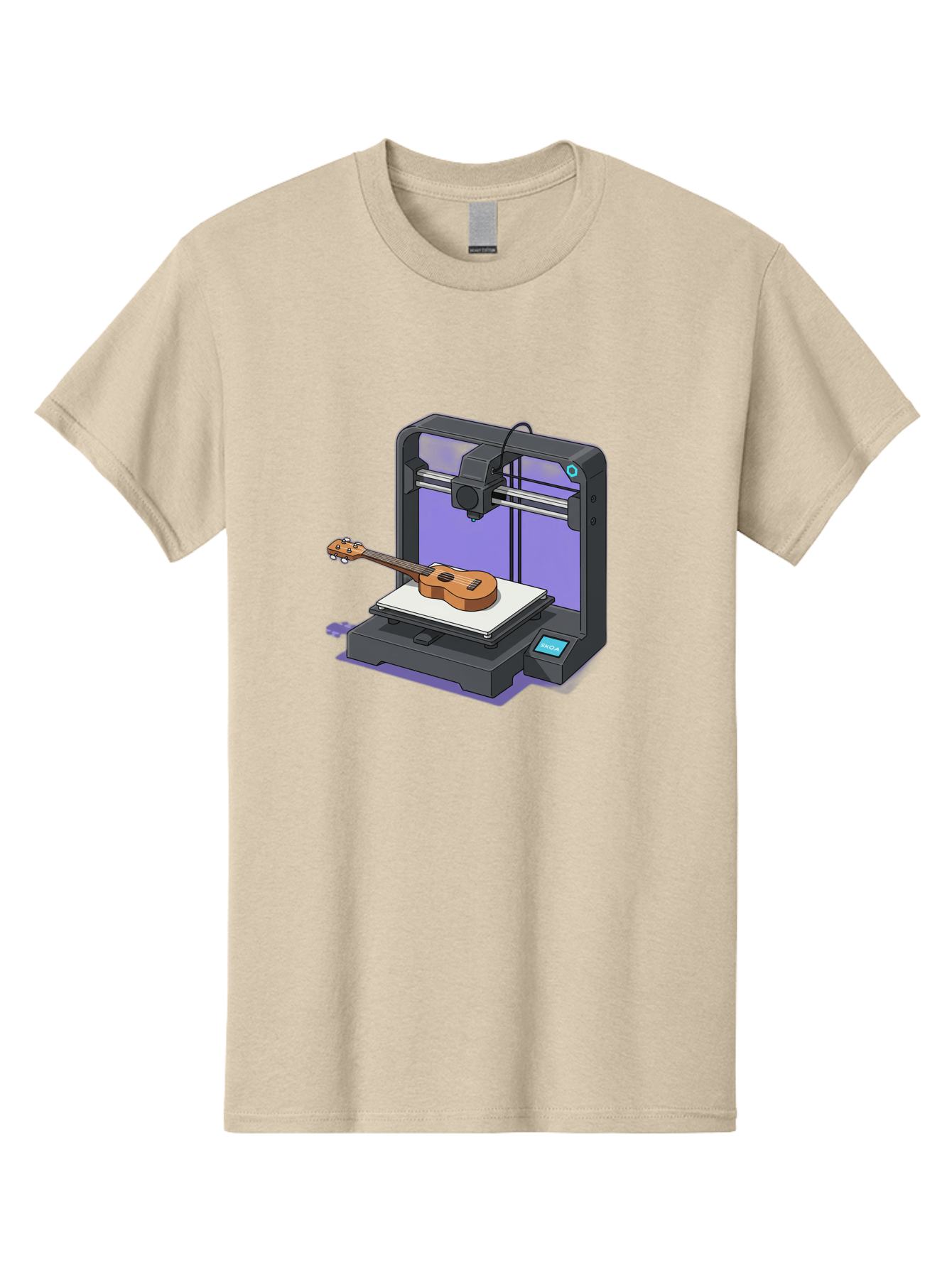 3D-Printer-With-Ukulele Men'S Graphic Tee, 100% Cotton, Comfortable Casual Summer Wear, Machine Washable, 3D Printing Technology, Ukulele Manufacturing, Customized Instruments, Innovative Design, Digital Fabrication, Musical Instruments, Baa051