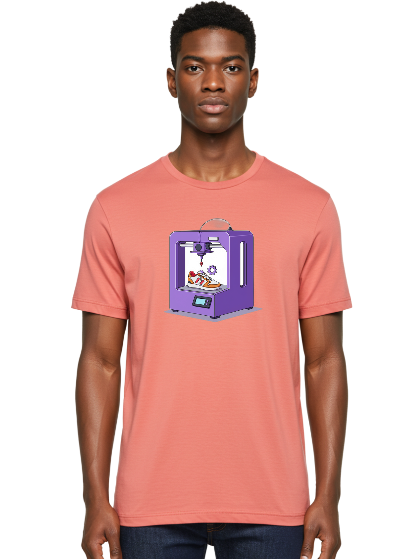 3D-Printing-Sneaker Men'S Graphic Tee, 100% Cotton, Comfortable Casual Summer Wear, Machine Washable, 3D Printing Technology, Futuristic Design, Customizable Shoes, Modern Manufacturing, Additive Manufacturing, Orange And White Sneakers, Baa053