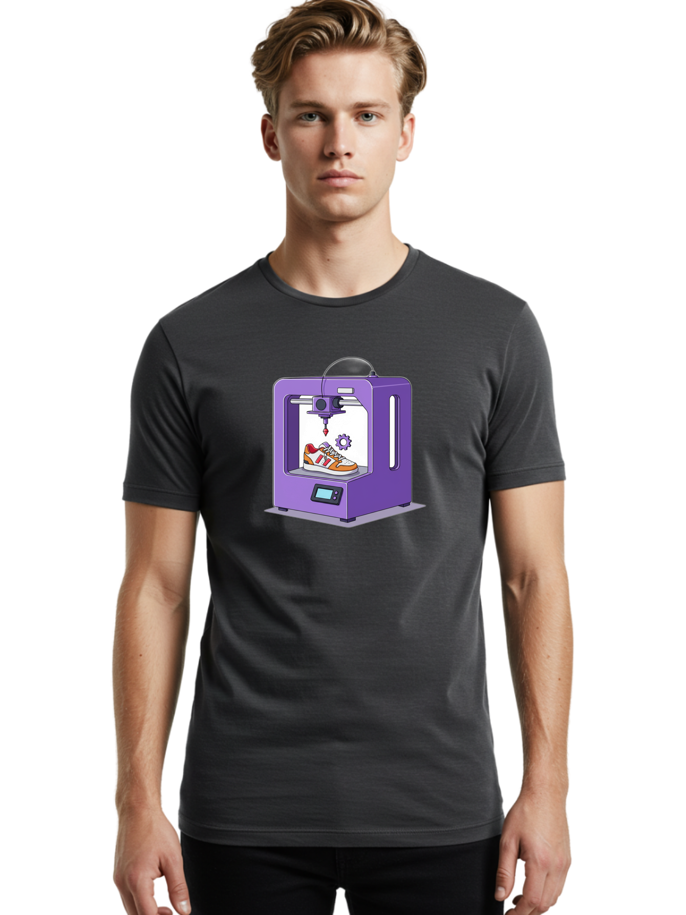 3D-Printing-Sneaker Men'S Graphic Tee, 100% Cotton, Comfortable Casual Summer Wear, Machine Washable, 3D Printing Technology, Futuristic Design, Customizable Shoes, Modern Manufacturing, Additive Manufacturing, Orange And White Sneakers, Baa053