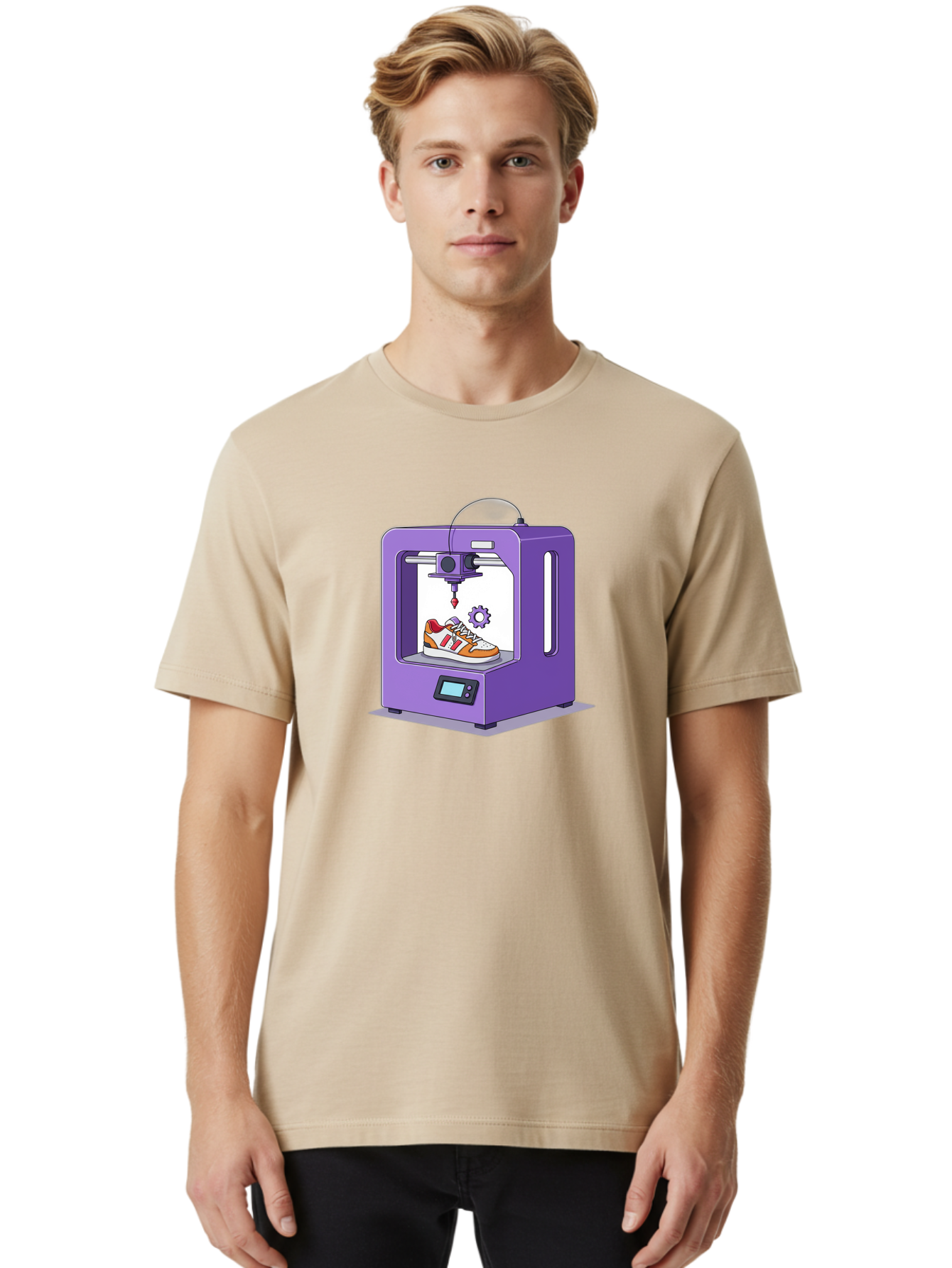 3D-Printing-Sneaker Men'S Graphic Tee, 100% Cotton, Comfortable Casual Summer Wear, Machine Washable, 3D Printing Technology, Futuristic Design, Customizable Shoes, Modern Manufacturing, Additive Manufacturing, Orange And White Sneakers, Baa053