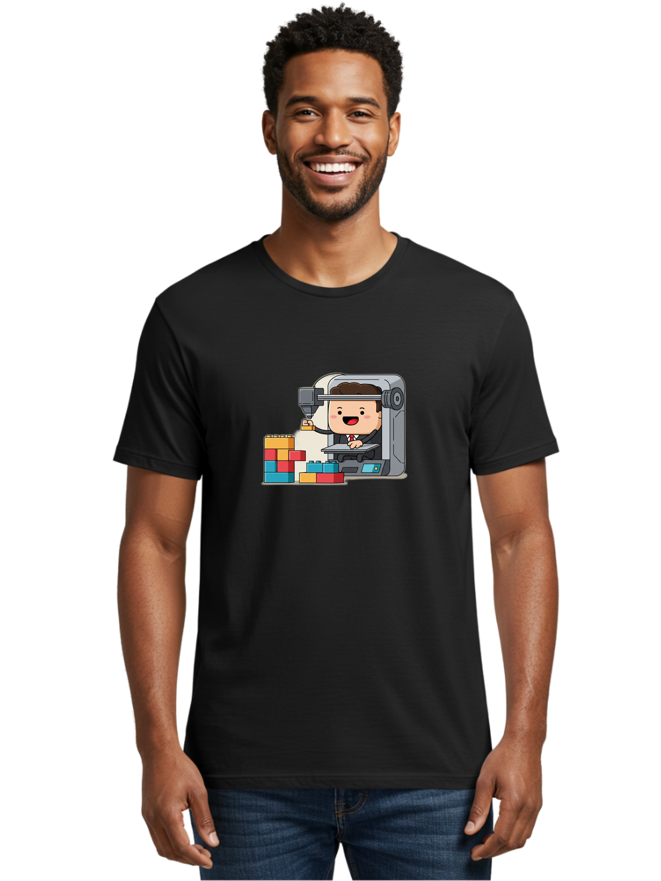 3D-Printing Men'S Graphic Tee, 100% Cotton, Comfortable Casual Summer Wear, Machine Washable, 3D Printing Technology, Additive Manufacturing, Businessman Operating Printer, Colorful Blocks, Construction, Innovation, Rapid Prototyping, Baa054