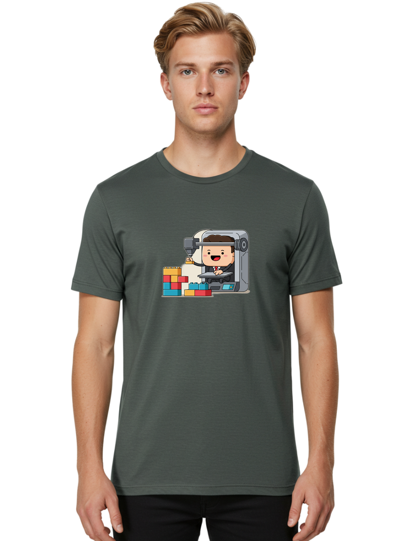 3D-Printing Men'S Graphic Tee, 100% Cotton, Comfortable Casual Summer Wear, Machine Washable, 3D Printing Technology, Additive Manufacturing, Businessman Operating Printer, Colorful Blocks, Construction, Innovation, Rapid Prototyping, Baa054