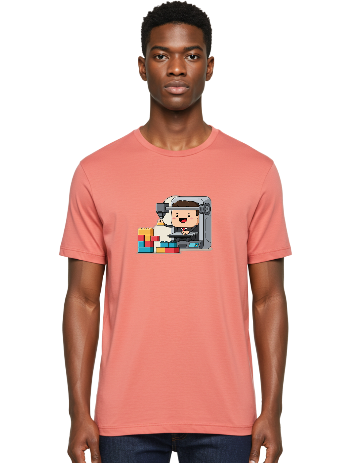 3D-Printing Men'S Graphic Tee, 100% Cotton, Comfortable Casual Summer Wear, Machine Washable, 3D Printing Technology, Additive Manufacturing, Businessman Operating Printer, Colorful Blocks, Construction, Innovation, Rapid Prototyping, Baa054