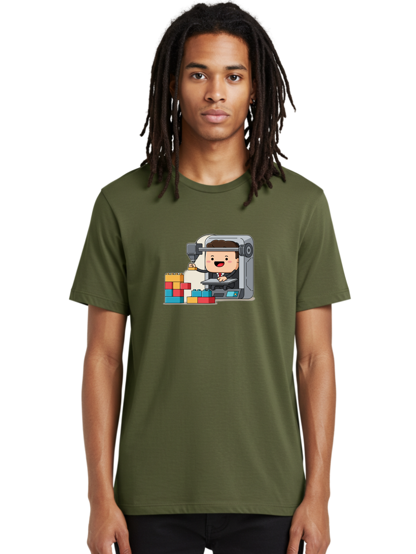 3D-Printing Men'S Graphic Tee, 100% Cotton, Comfortable Casual Summer Wear, Machine Washable, 3D Printing Technology, Additive Manufacturing, Businessman Operating Printer, Colorful Blocks, Construction, Innovation, Rapid Prototyping, Baa054