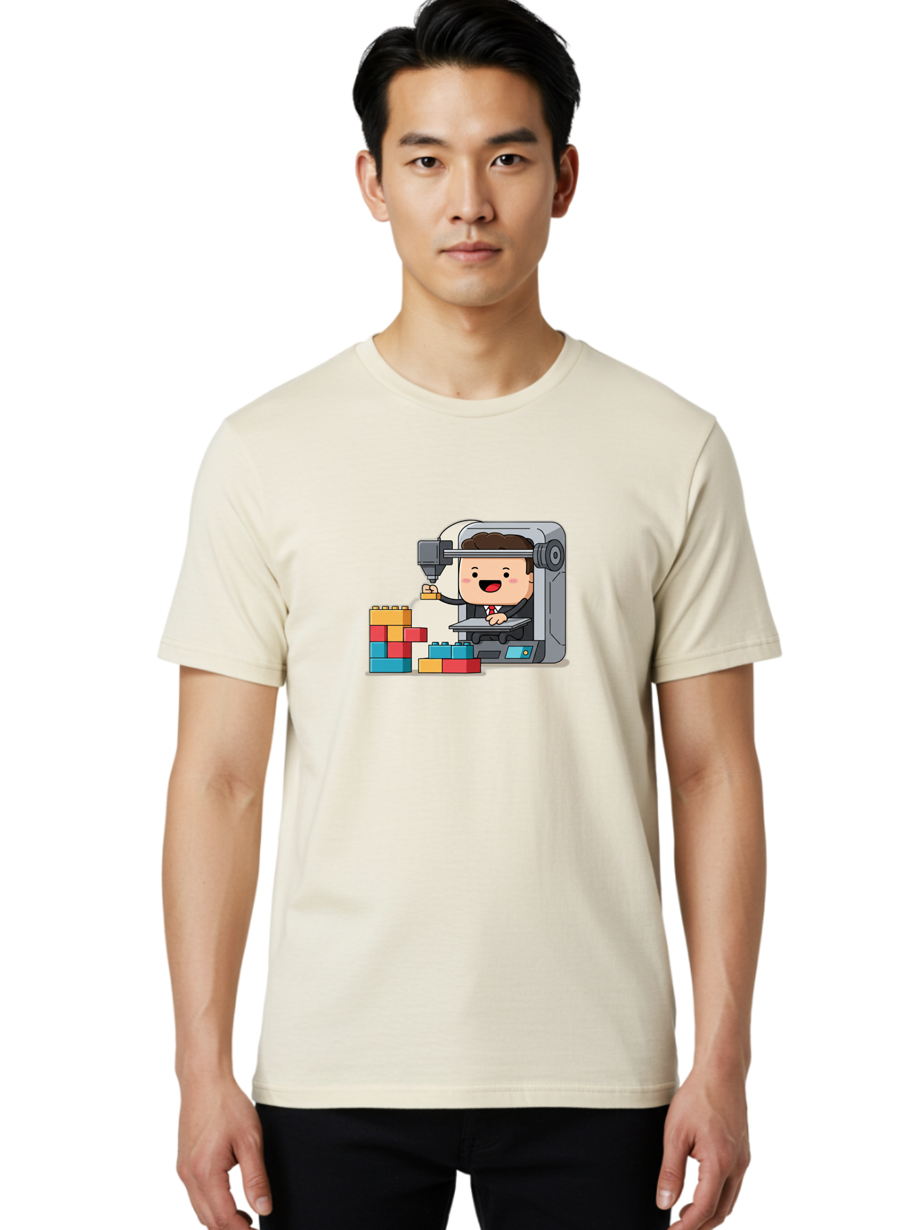 3D-Printing Men'S Graphic Tee, 100% Cotton, Comfortable Casual Summer Wear, Machine Washable, 3D Printing Technology, Additive Manufacturing, Businessman Operating Printer, Colorful Blocks, Construction, Innovation, Rapid Prototyping, Baa054