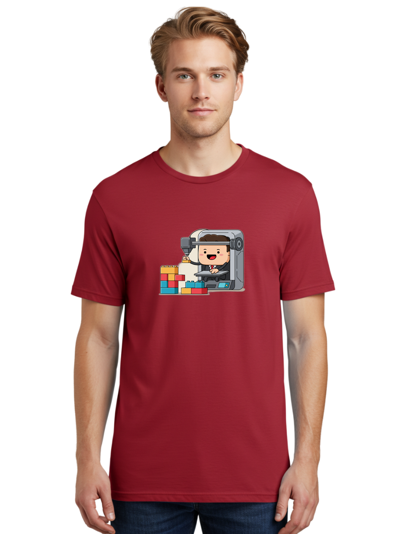 3D-Printing Men'S Graphic Tee, 100% Cotton, Comfortable Casual Summer Wear, Machine Washable, 3D Printing Technology, Additive Manufacturing, Businessman Operating Printer, Colorful Blocks, Construction, Innovation, Rapid Prototyping, Baa054