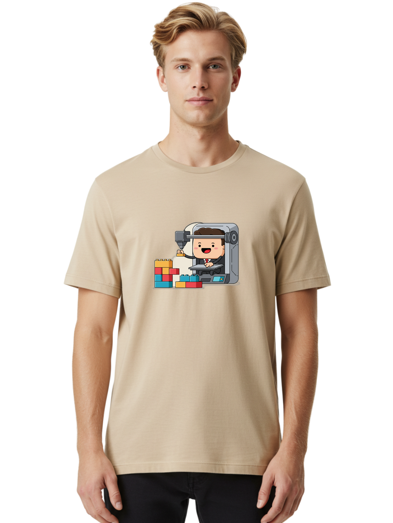 3D-Printing Men'S Graphic Tee, 100% Cotton, Comfortable Casual Summer Wear, Machine Washable, 3D Printing Technology, Additive Manufacturing, Businessman Operating Printer, Colorful Blocks, Construction, Innovation, Rapid Prototyping, Baa054