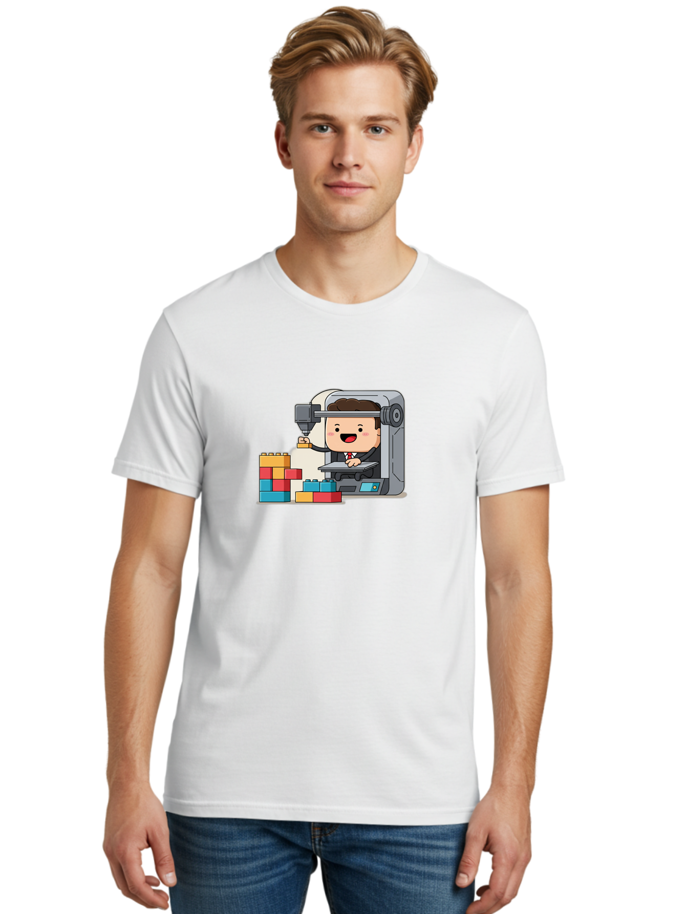 3D-Printing Men'S Graphic Tee, 100% Cotton, Comfortable Casual Summer Wear, Machine Washable, 3D Printing Technology, Additive Manufacturing, Businessman Operating Printer, Colorful Blocks, Construction, Innovation, Rapid Prototyping, Baa054