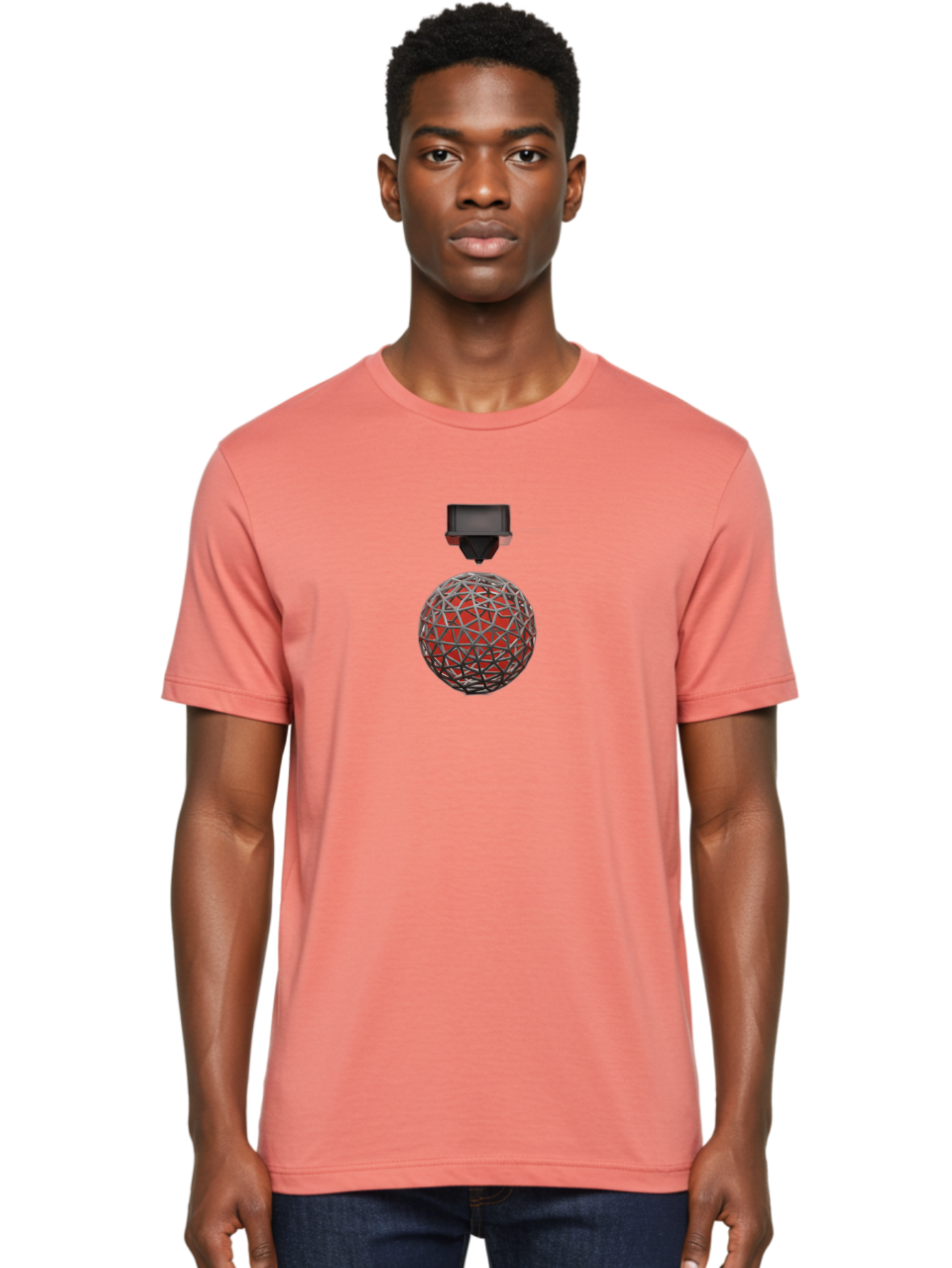 3D-Scanner Men'S Graphic Tee, 100% Cotton, Comfortable Casual Summer Wear, Machine Washable, 3D Scanning Technology, Digital Rendering, Geometric Shapes, Red Sphere, Metallic Framework, Futuristic Design, Precision Engineering, Baa055