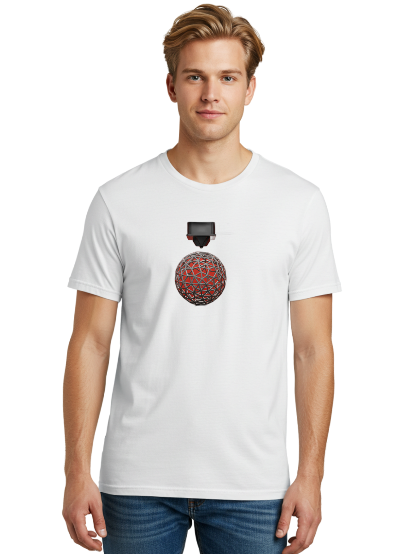 3D-Scanner Men'S Graphic Tee, 100% Cotton, Comfortable Casual Summer Wear, Machine Washable, 3D Scanning Technology, Digital Rendering, Geometric Shapes, Red Sphere, Metallic Framework, Futuristic Design, Precision Engineering, Baa055