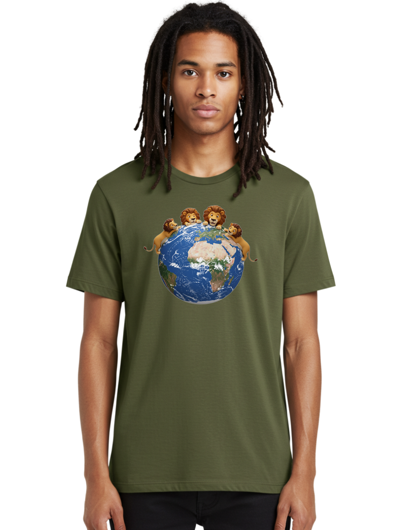 4-Lions-Holding-Globe Men'S Graphic Tee, 100% Cotton, Comfortable Casual Summer Wear, Machine Washable, Lions Holding The World, Global Unity, Conservation Efforts, Wildlife Protection, Earth, Lions Together, Global Awareness Baa056