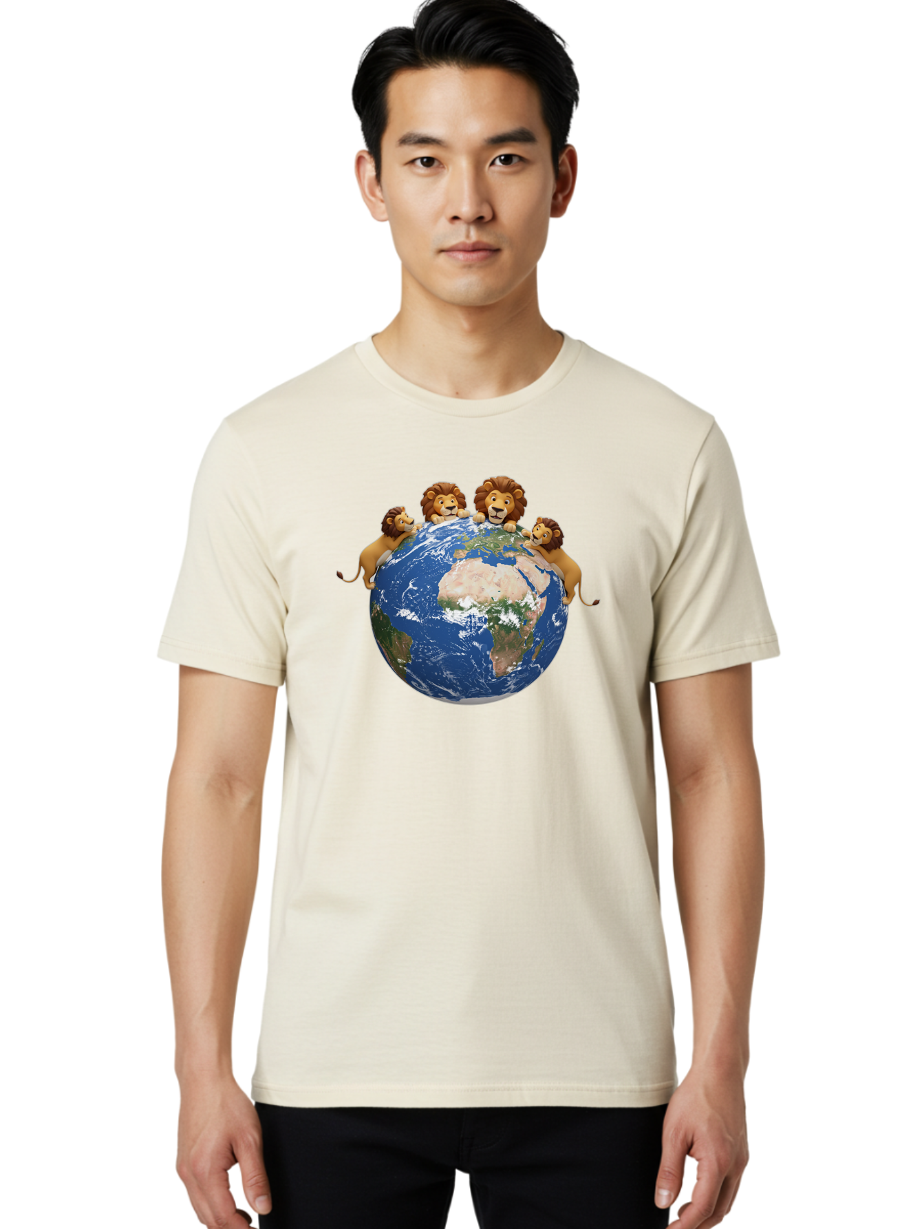 4-Lions-Holding-Globe Men'S Graphic Tee, 100% Cotton, Comfortable Casual Summer Wear, Machine Washable, Lions Holding The World, Global Unity, Conservation Efforts, Wildlife Protection, Earth, Lions Together, Global Awareness Baa056