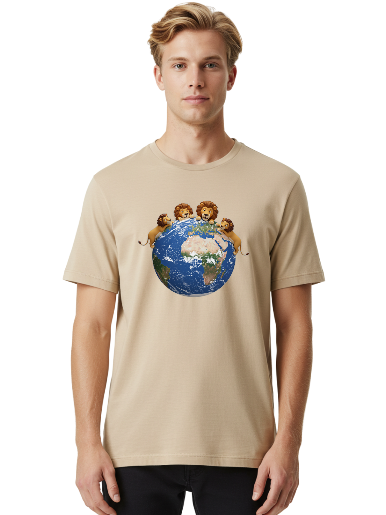 4-Lions-Holding-Globe Men'S Graphic Tee, 100% Cotton, Comfortable Casual Summer Wear, Machine Washable, Lions Holding The World, Global Unity, Conservation Efforts, Wildlife Protection, Earth, Lions Together, Global Awareness Baa056