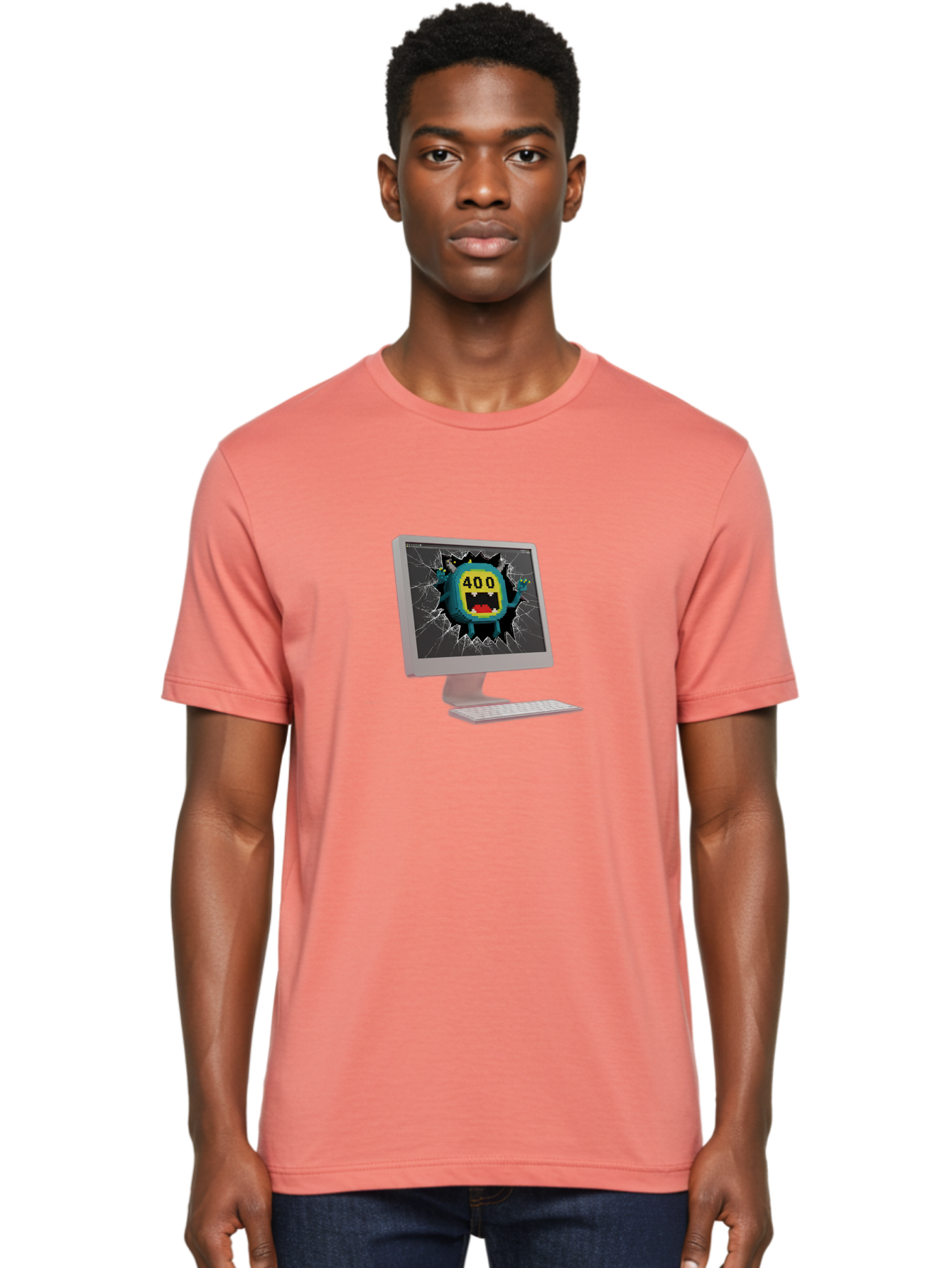 400-Error Men'S Graphic Tee, 100% Cotton, Comfortable Casual Summer Wear, Machine Washable, Error Message, Broken Screen, 400 Bad Request, Cartoon Monster, Cracked Glass, Digital Glitch, Frustrated User, Humorous Illustration, Baa057