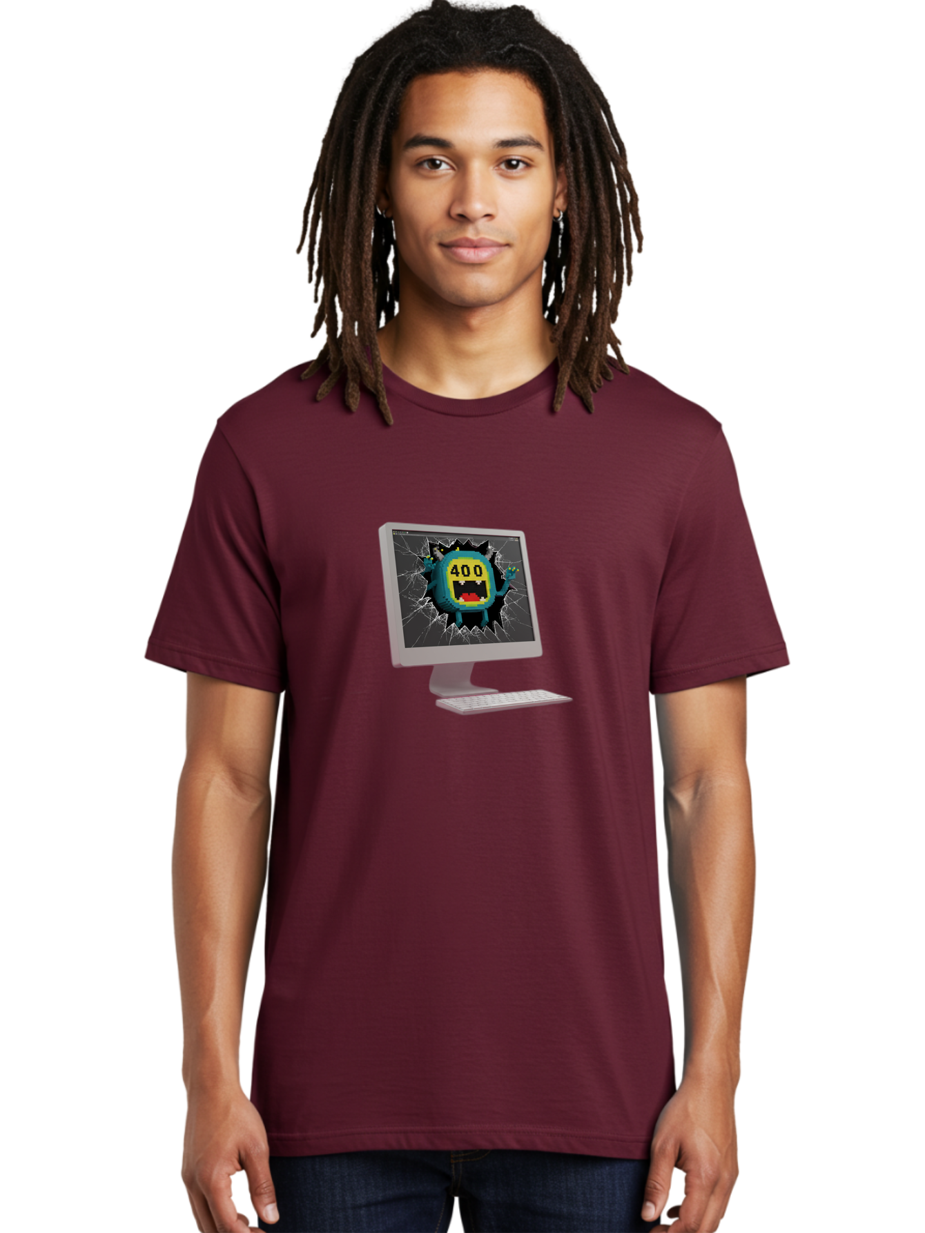 400-Error Men'S Graphic Tee, 100% Cotton, Comfortable Casual Summer Wear, Machine Washable, Error Message, Broken Screen, 400 Bad Request, Cartoon Monster, Cracked Glass, Digital Glitch, Frustrated User, Humorous Illustration, Baa057