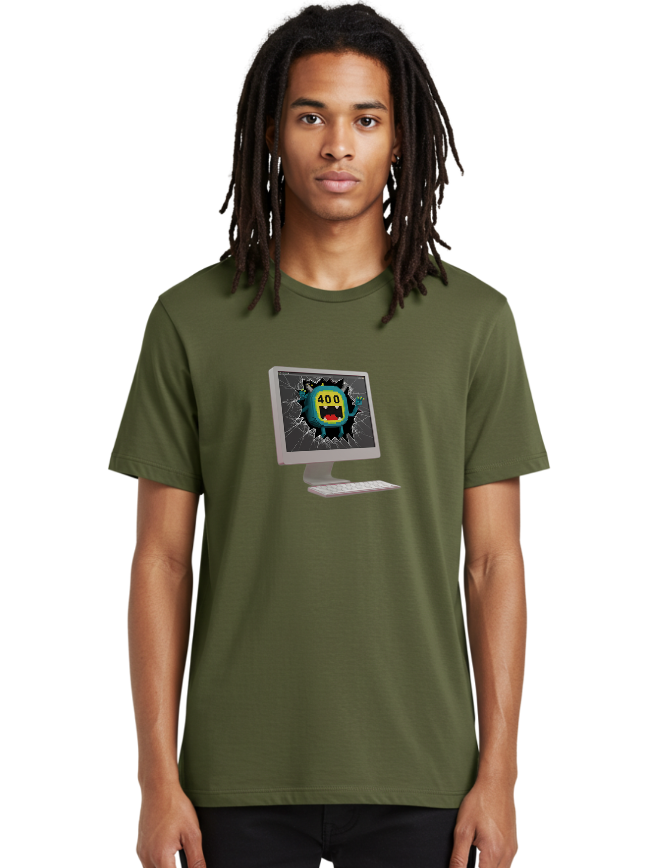 400-Error Men'S Graphic Tee, 100% Cotton, Comfortable Casual Summer Wear, Machine Washable, Error Message, Broken Screen, 400 Bad Request, Cartoon Monster, Cracked Glass, Digital Glitch, Frustrated User, Humorous Illustration, Baa057
