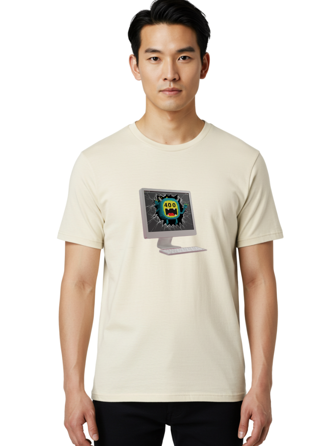 400-Error Men'S Graphic Tee, 100% Cotton, Comfortable Casual Summer Wear, Machine Washable, Error Message, Broken Screen, 400 Bad Request, Cartoon Monster, Cracked Glass, Digital Glitch, Frustrated User, Humorous Illustration, Baa057