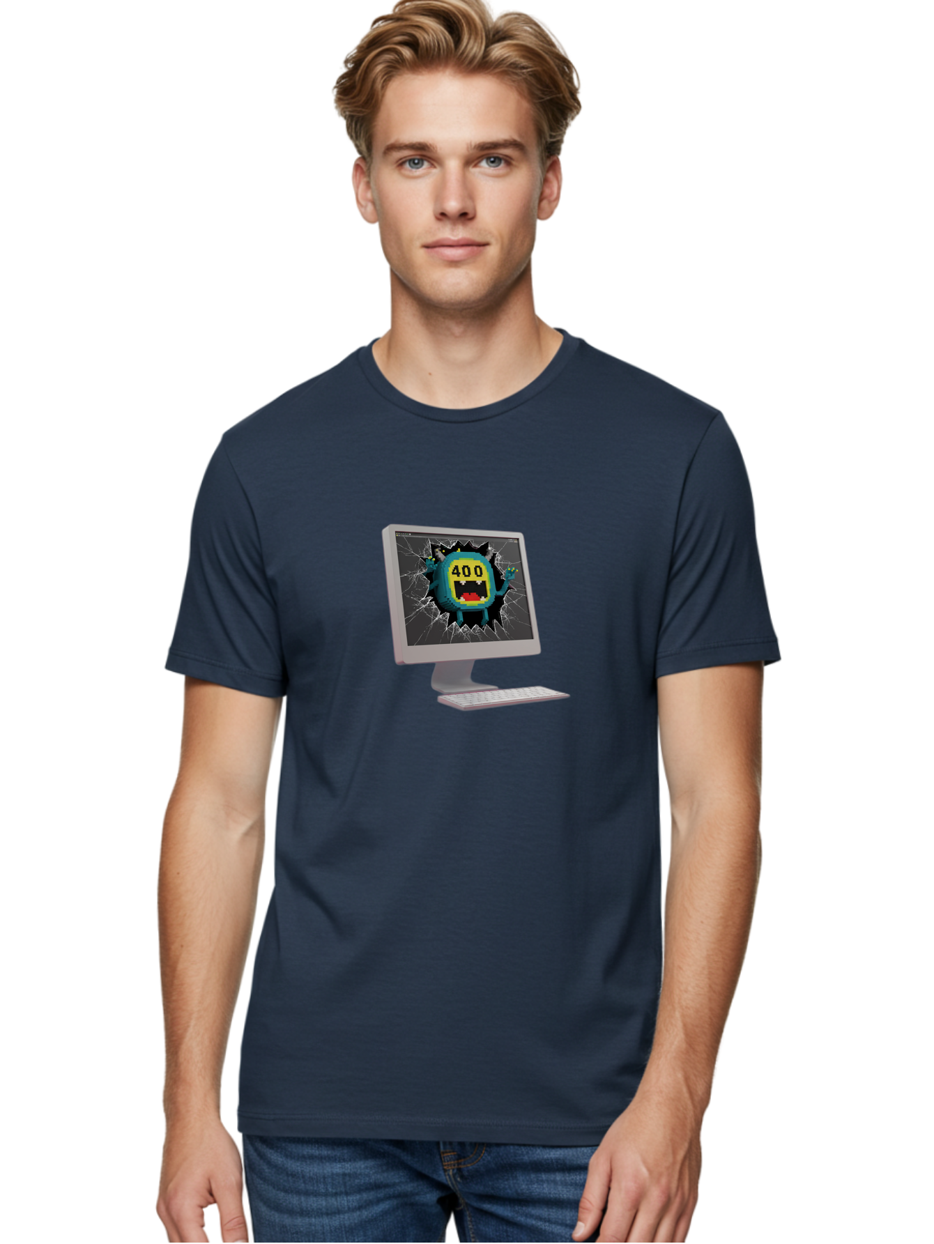 400-Error Men'S Graphic Tee, 100% Cotton, Comfortable Casual Summer Wear, Machine Washable, Error Message, Broken Screen, 400 Bad Request, Cartoon Monster, Cracked Glass, Digital Glitch, Frustrated User, Humorous Illustration, Baa057