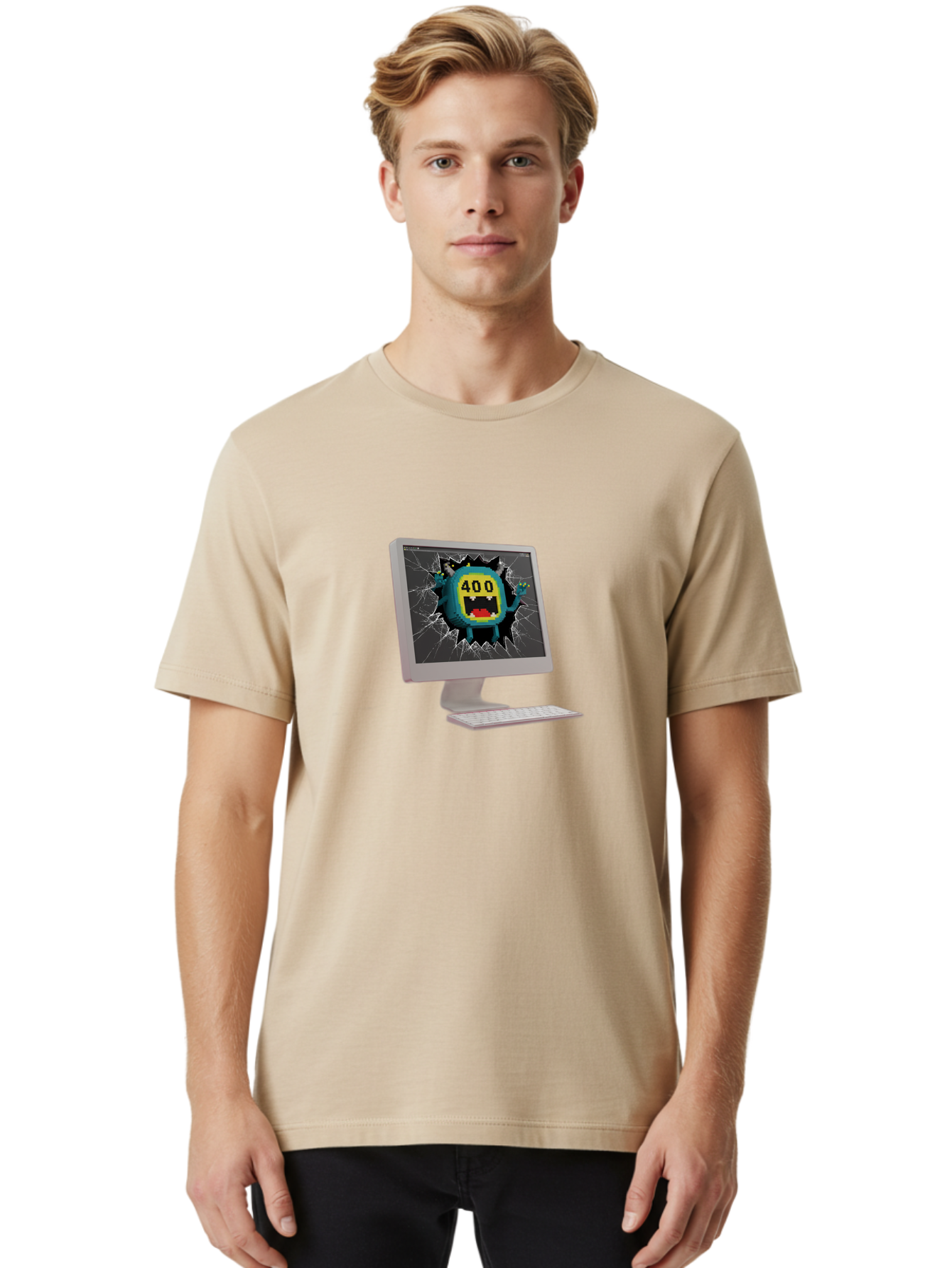 400-Error Men'S Graphic Tee, 100% Cotton, Comfortable Casual Summer Wear, Machine Washable, Error Message, Broken Screen, 400 Bad Request, Cartoon Monster, Cracked Glass, Digital Glitch, Frustrated User, Humorous Illustration, Baa057