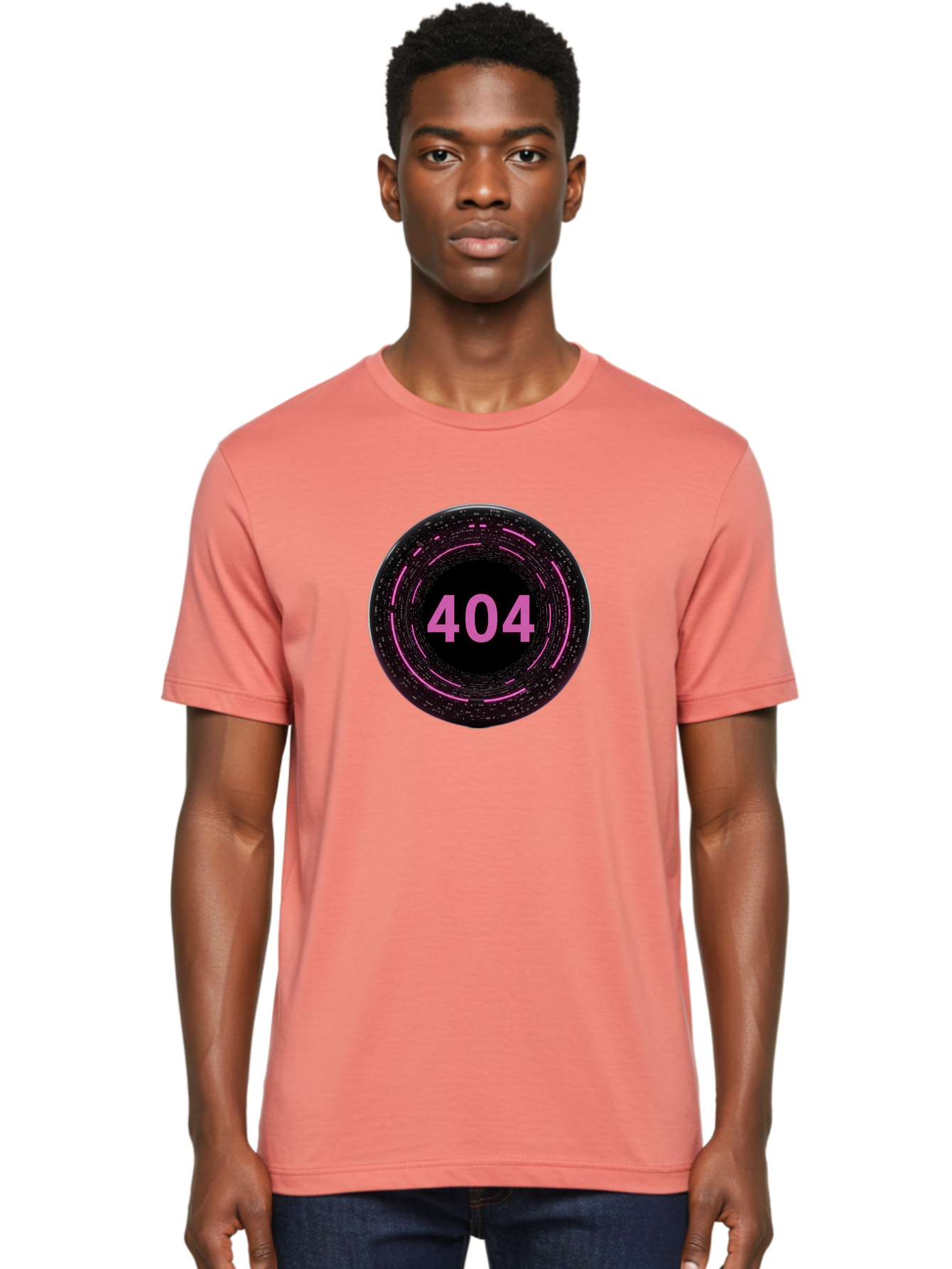 404-3 Men'S Graphic Tee, 100% Cotton, Comfortable Casual Summer Wear, Machine Washable, 404 Error, Page Not Found, Digital Glitch, Pink Neon, Futuristic Design, Cyberpunk Aesthetic, Error Message, Circular Pattern, Binary Code, Website Error Baa060