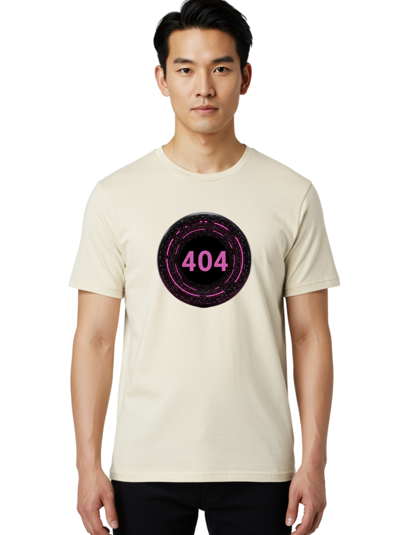 404-3 Men'S Graphic Tee, 100% Cotton, Comfortable Casual Summer Wear, Machine Washable, 404 Error, Page Not Found, Digital Glitch, Pink Neon, Futuristic Design, Cyberpunk Aesthetic, Error Message, Circular Pattern, Binary Code, Website Error Baa060