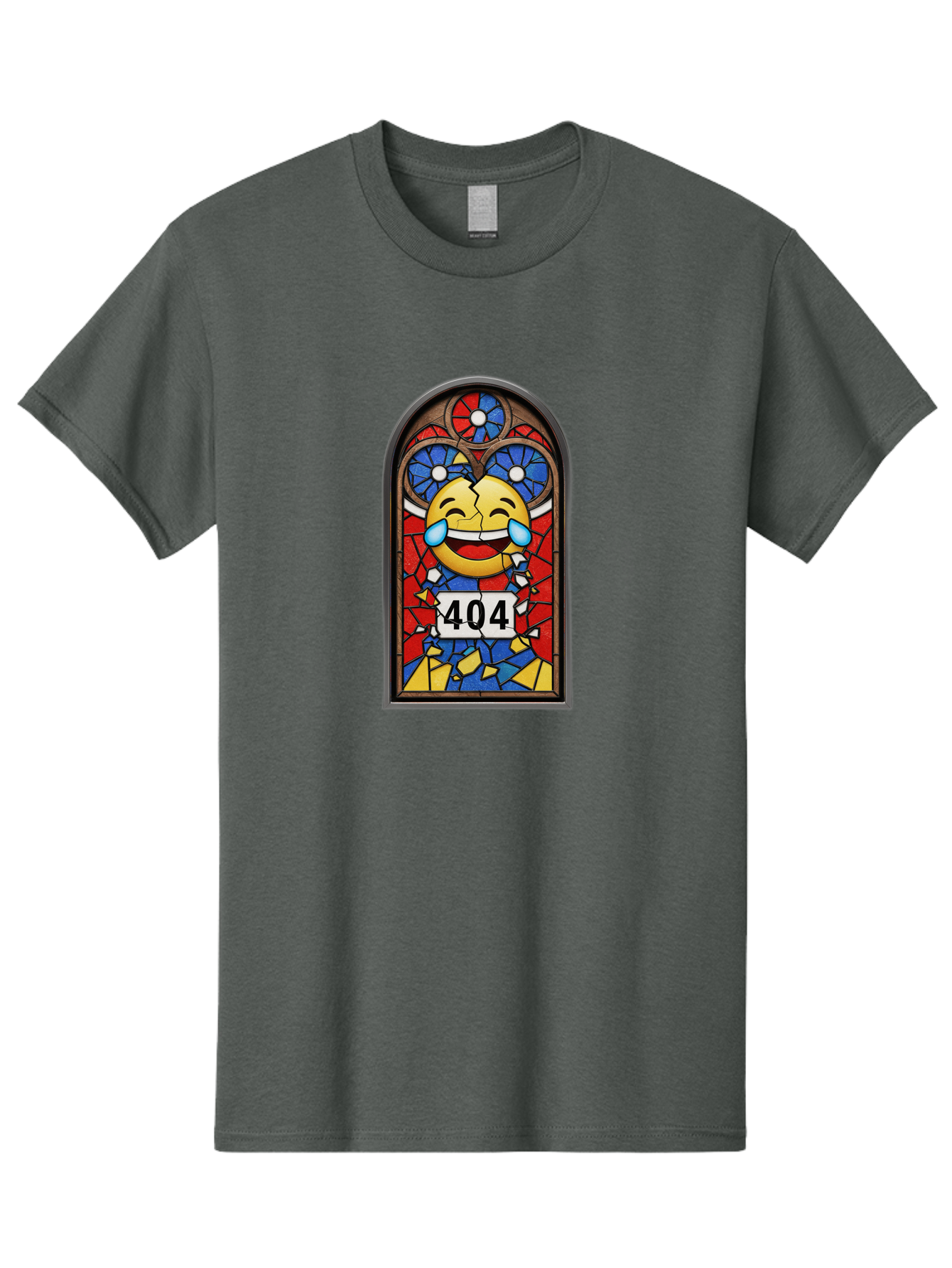 404-Emoji-Stained-Glass Men'S Graphic Tee, 100% Cotton, Comfortable Casual Summer Wear, Machine Washable, Stained Glass Window, Crying Laughing Emoji, Broken Glass, 404 Error, Humorous Design, Playful Art, Digital Illustration, Baa070