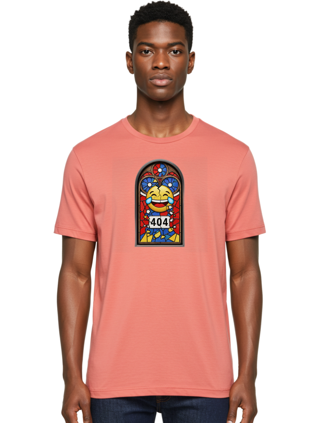 404-Emoji-Stained-Glass Men'S Graphic Tee, 100% Cotton, Comfortable Casual Summer Wear, Machine Washable, Stained Glass Window, Crying Laughing Emoji, Broken Glass, 404 Error, Humorous Design, Playful Art, Digital Illustration, Baa070
