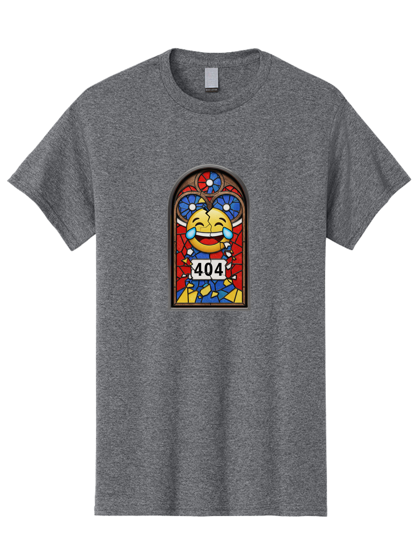 404-Emoji-Stained-Glass Men'S Graphic Tee, 100% Cotton, Comfortable Casual Summer Wear, Machine Washable, Stained Glass Window, Crying Laughing Emoji, Broken Glass, 404 Error, Humorous Design, Playful Art, Digital Illustration, Baa070