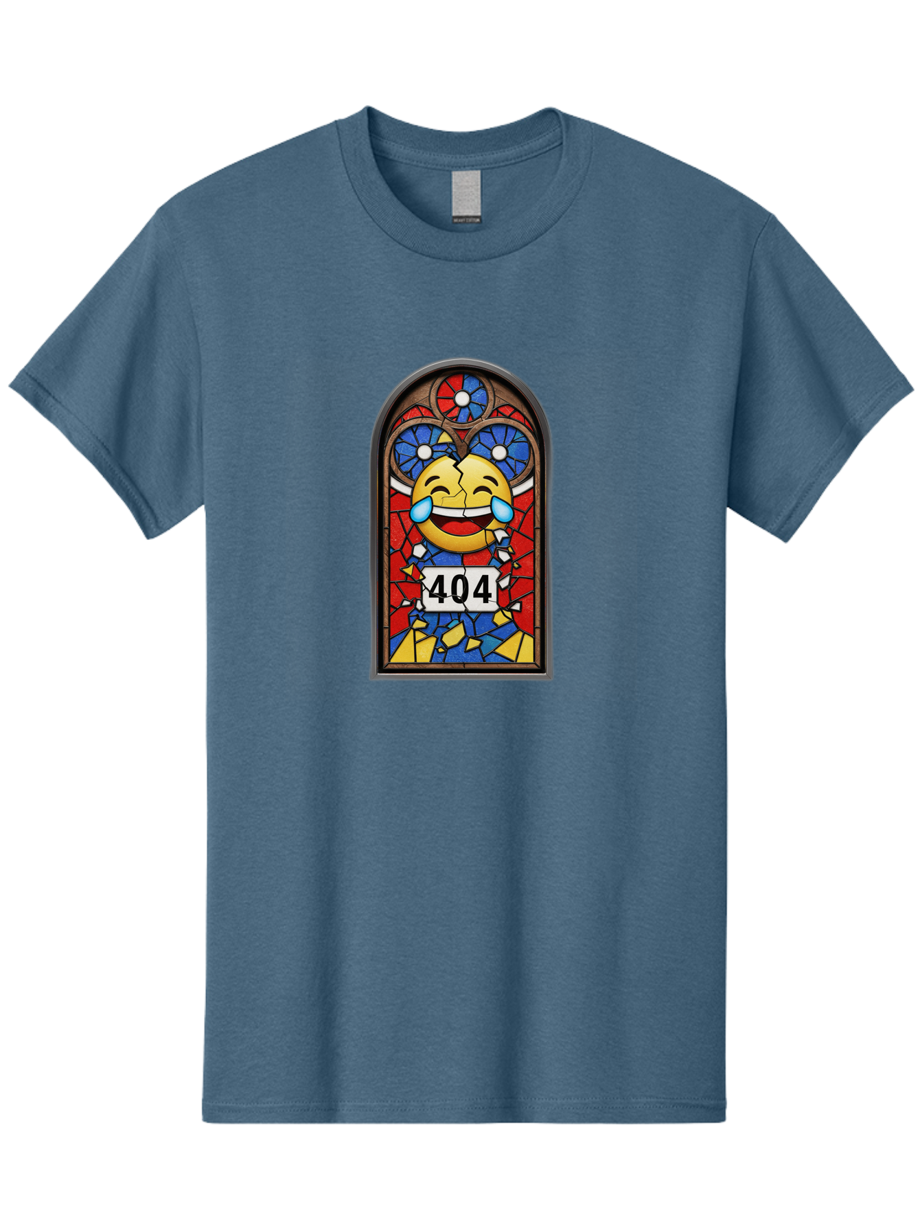 404-Emoji-Stained-Glass Men'S Graphic Tee, 100% Cotton, Comfortable Casual Summer Wear, Machine Washable, Stained Glass Window, Crying Laughing Emoji, Broken Glass, 404 Error, Humorous Design, Playful Art, Digital Illustration, Baa070