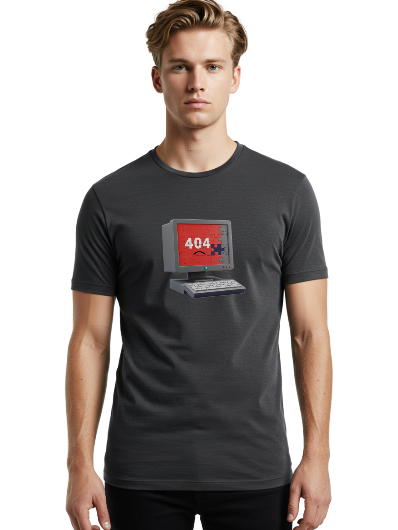 404-Error-11 Men'S Graphic Tee, 100% Cotton, Comfortable Casual Summer Wear, Machine Washable, Computer Monitor Displaying 404 Error, Jigsaw Puzzle Pieces, Error Message, Broken Screen, Technical Issue, Puzzle Pieces Falling Apart, Baa075