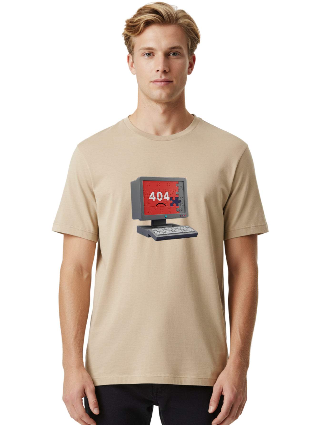 404-Error-11 Men'S Graphic Tee, 100% Cotton, Comfortable Casual Summer Wear, Machine Washable, Computer Monitor Displaying 404 Error, Jigsaw Puzzle Pieces, Error Message, Broken Screen, Technical Issue, Puzzle Pieces Falling Apart, Baa075