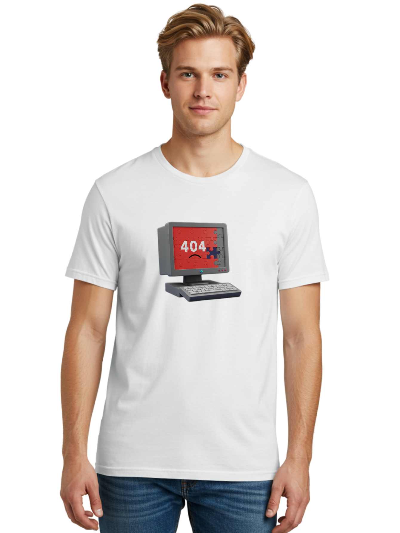 404-Error-11 Men'S Graphic Tee, 100% Cotton, Comfortable Casual Summer Wear, Machine Washable, Computer Monitor Displaying 404 Error, Jigsaw Puzzle Pieces, Error Message, Broken Screen, Technical Issue, Puzzle Pieces Falling Apart, Baa075