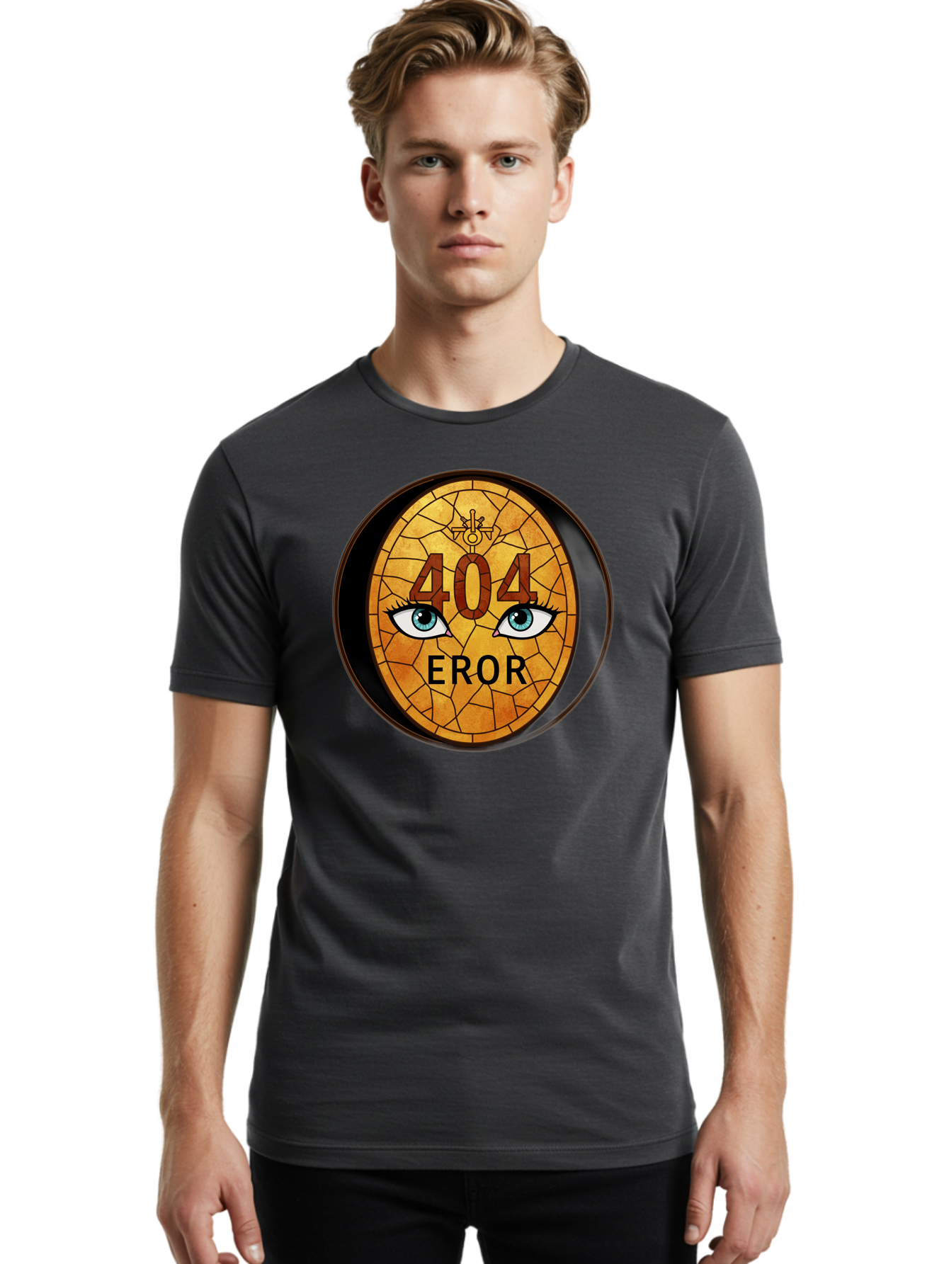 404-Error-7 Men'S Graphic Tee, 100% Cotton, Comfortable Casual Summer Wear, Machine Washable, 404 Error Message, Stained Glass Art, Mysterious Eyes, Website Error, Broken Link, Technical Issue, Surreal Design, Eye-Catching Graphic, Baa081